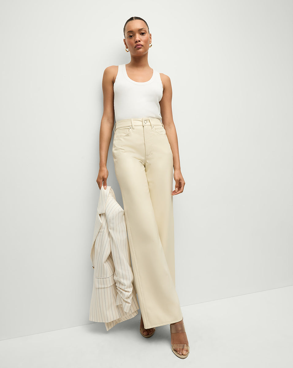 Veronica Beard Taylor Vegan Leather Wide-Leg Pant Ecru