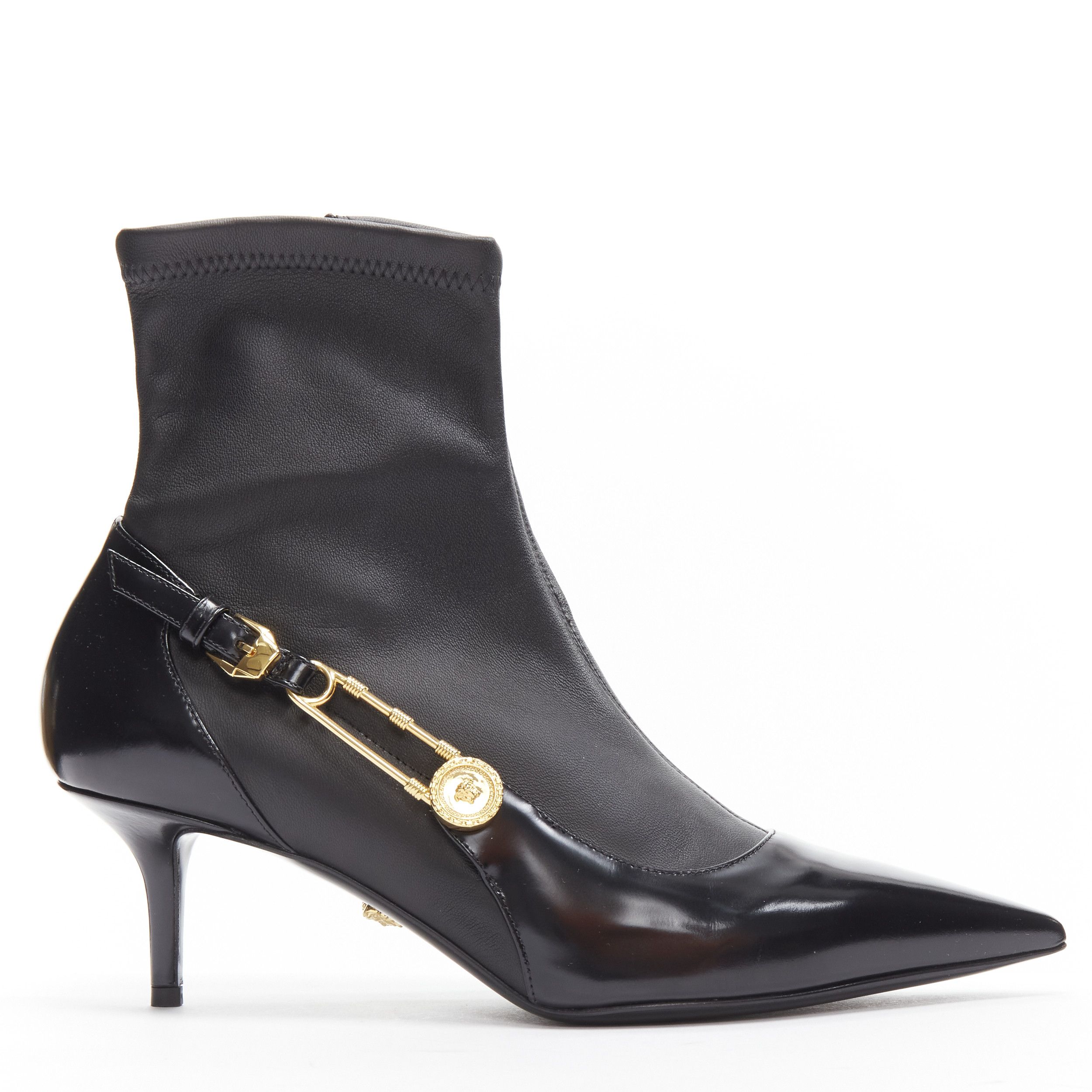 Versace Gold Medusa Punk Safety Pin Black Leather Kitten Heel Shoes Bootie Eu38, Women's