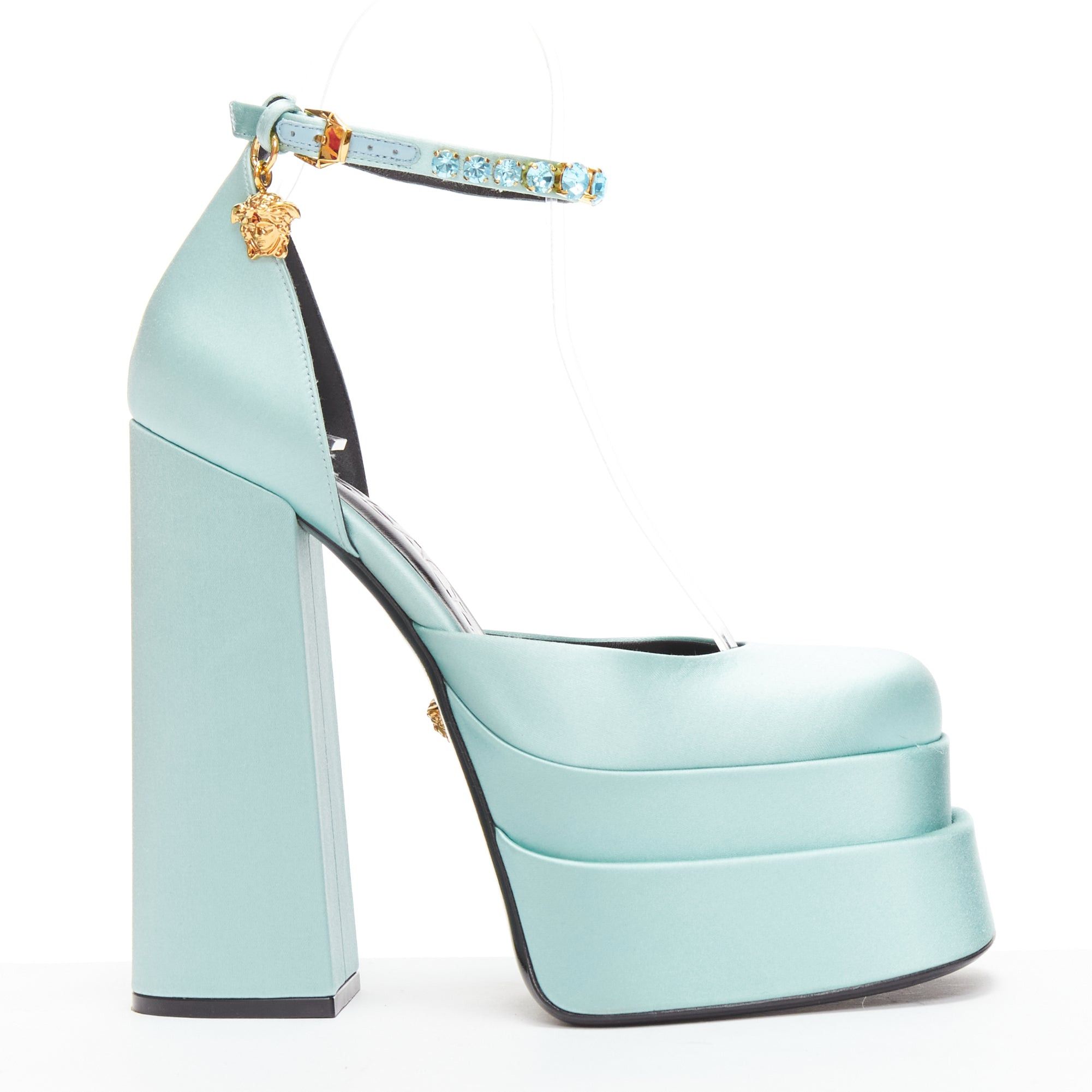 Versace Medusa Aevitas Sky Blue Satin Medusa Charm Platform Heel Shoes 37.5, Women's