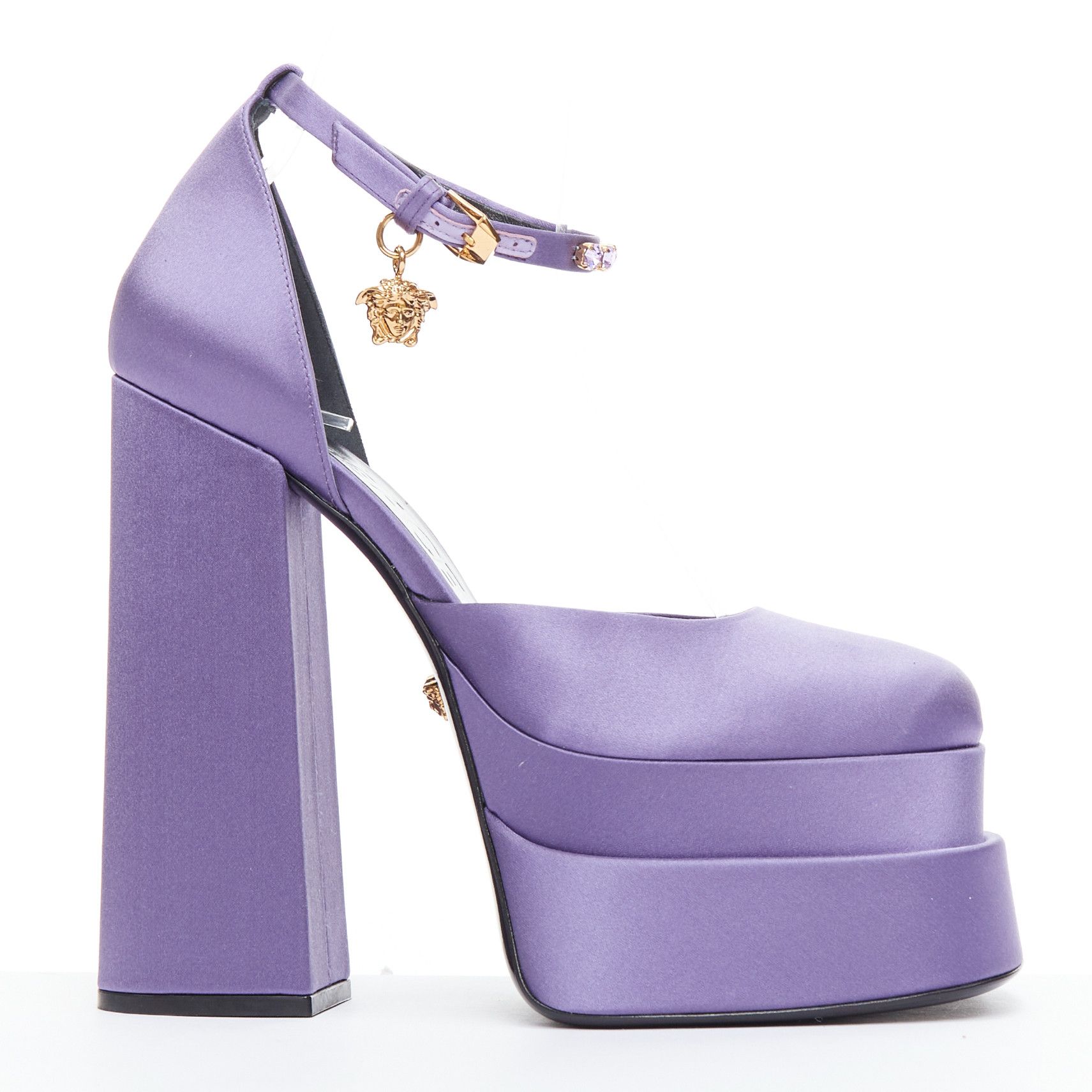 Versace Runway Aevitas 155 Lilac Purple Satin Gold Crystal Medusa Platform Eu39 Shoes, Women's