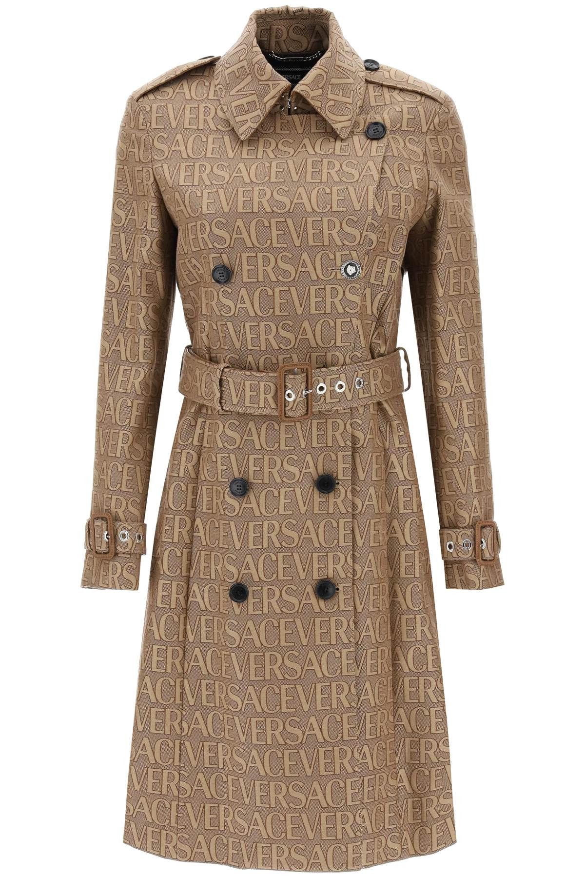 Versace 'Versace Allover' Double-Breasted Trench Coat in Brown Beige, Women's (Size Small)