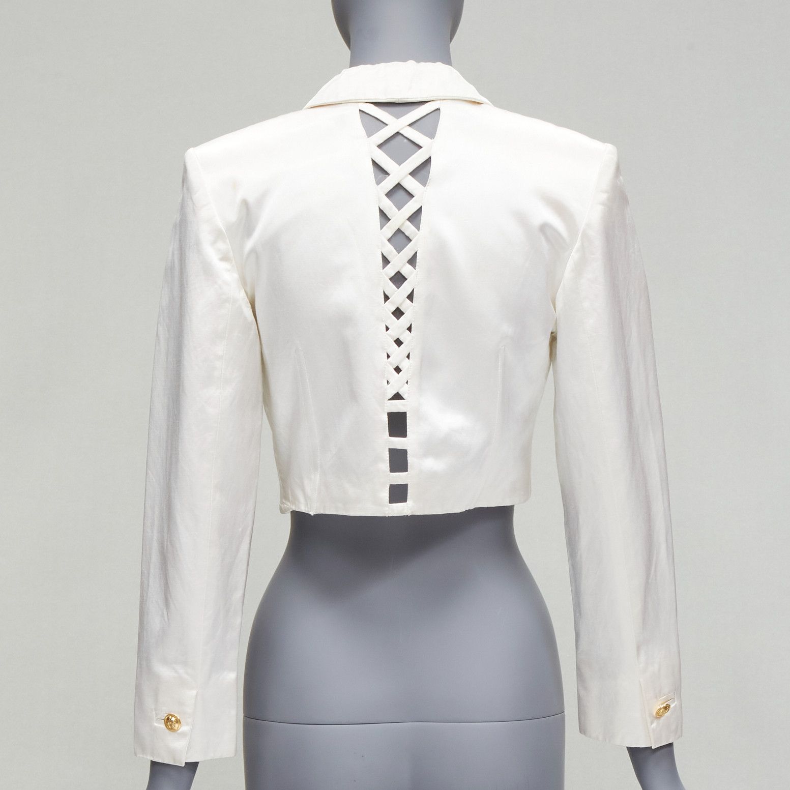 Versus Gianni Versace Pearl Satin Lattice Lace Back Cropped Blazer Jacket It42 M, Women's (Size Medium)