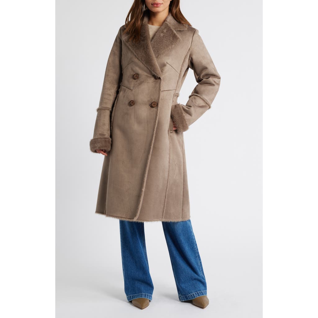 Via Spiga Double Breasted Faux Shearling Coat in Truffle at Nordstrom, Size Large