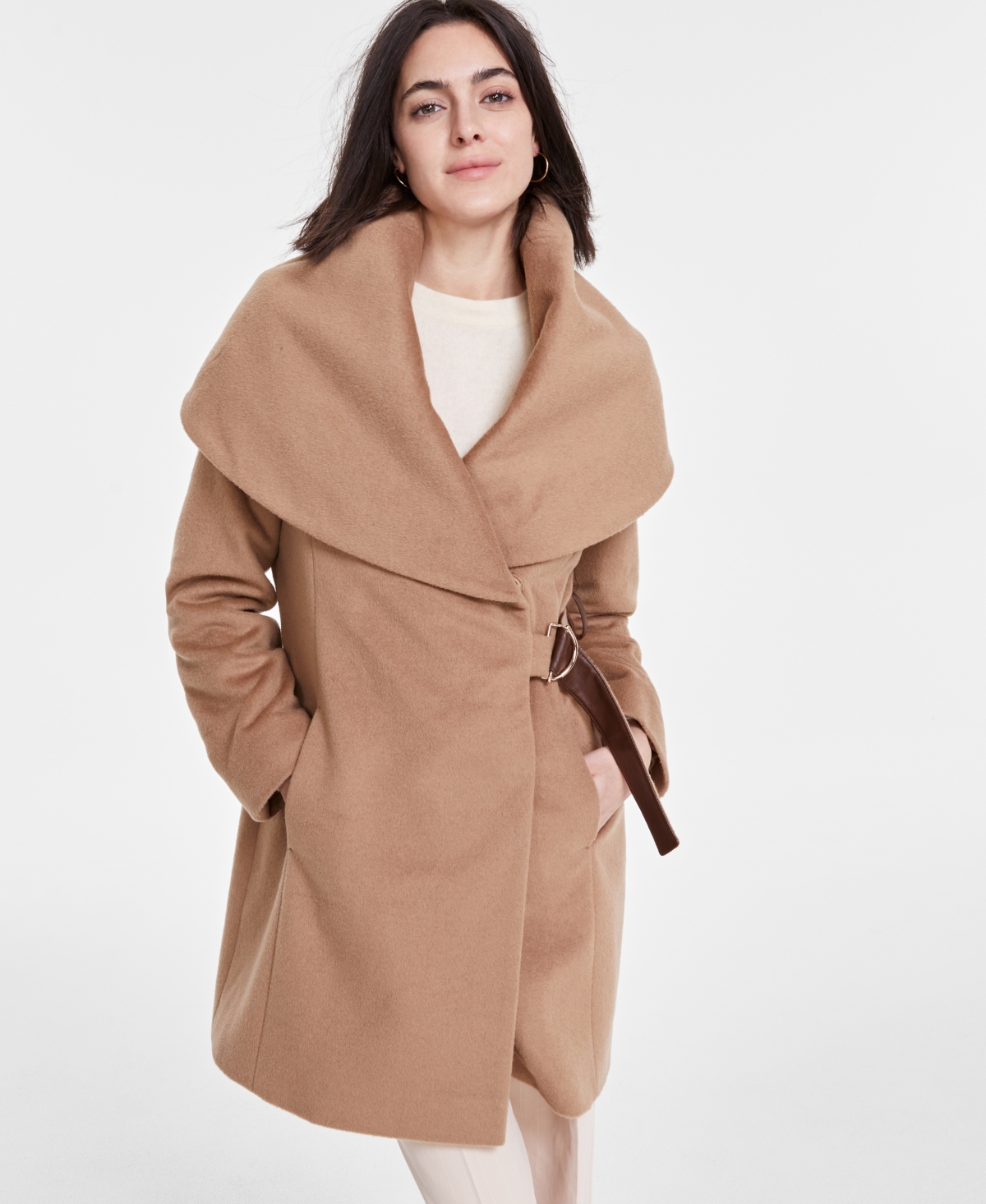 Via Spiga Women's Belted Hooded Shawl Wrap Coat - Camel