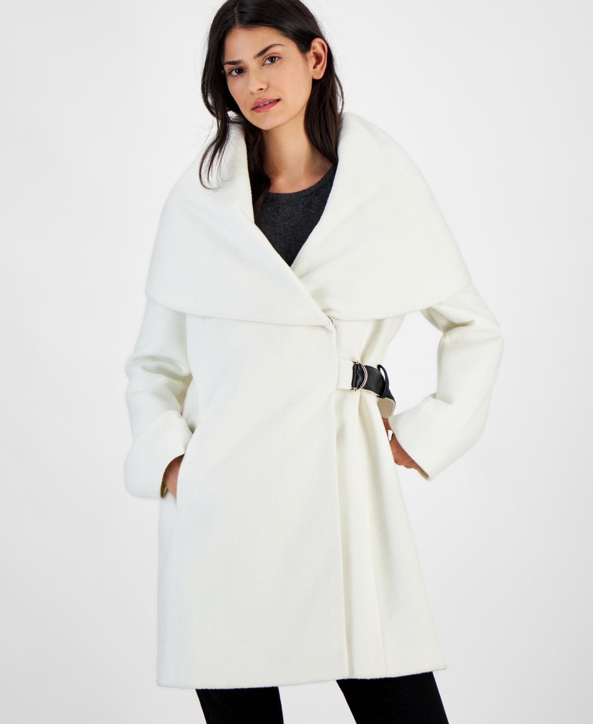 Via Spiga Women's Belted Hooded Shawl Wrap Coat - Winter White