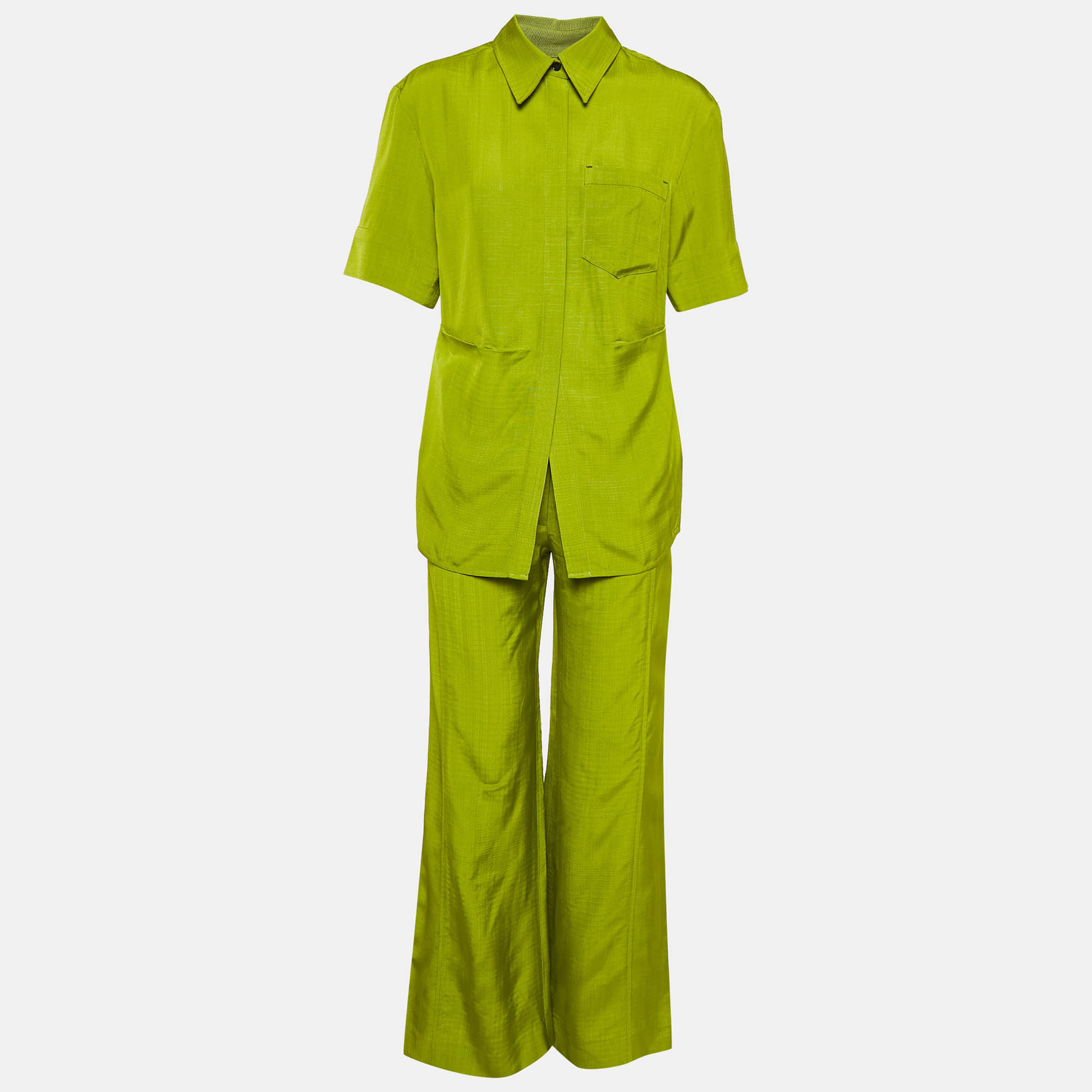 Victoria Beckham Green Crepe Shirt and Flared Pants Set S