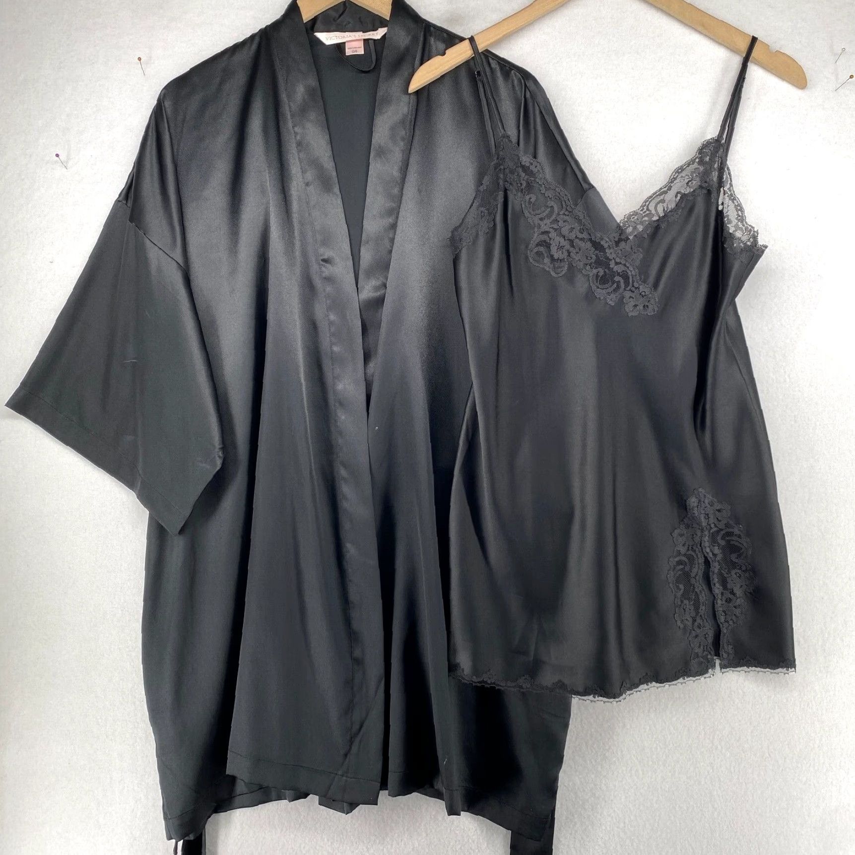 Victorias Secret Satin Lace Trim Camisole Top And Chic Wrap Kimono Robe Ensemble By Victoria's Secret In Black in White, Women's (Size Small)