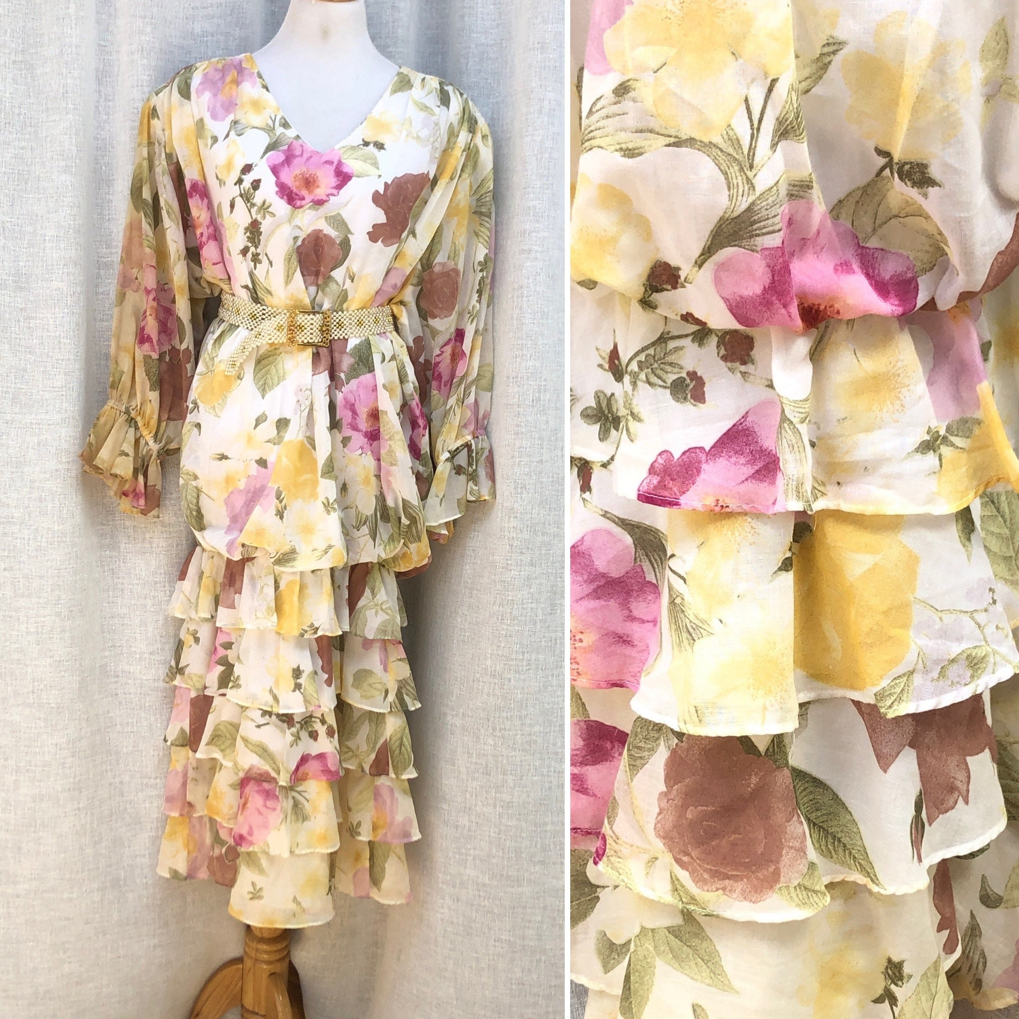 Vikki Vi California Tiered Skirt Dropped Waist Off White Pink Yellow Floral Plus Size Dress