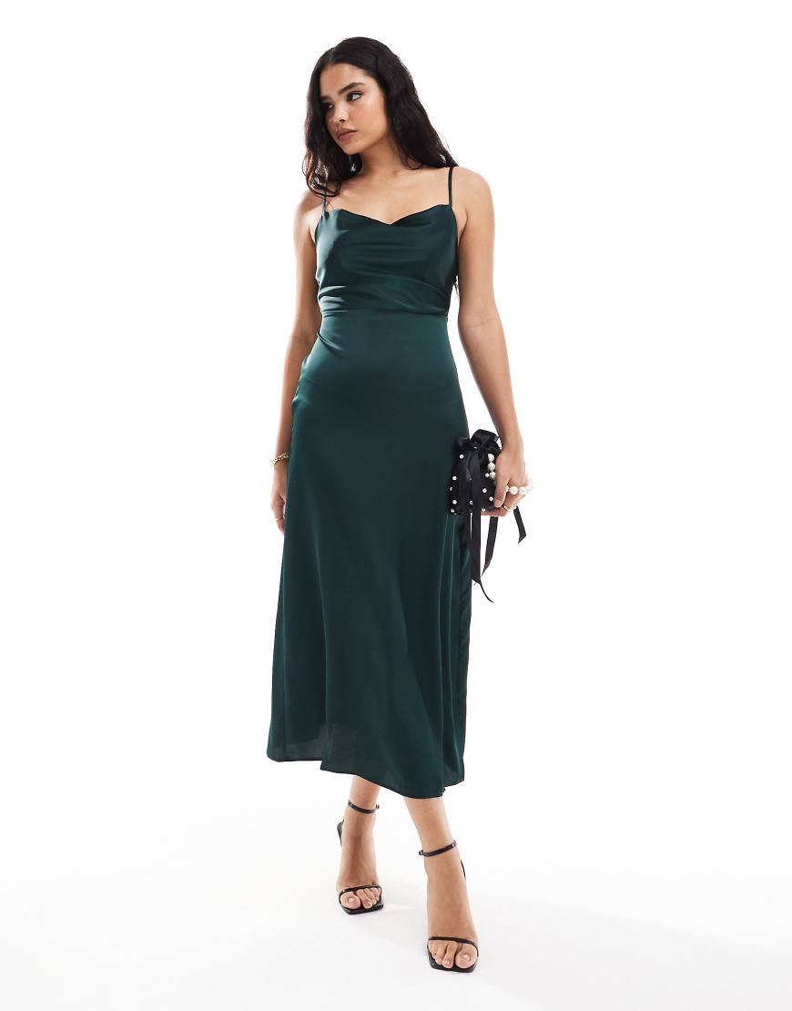 Vila satin cowl neck camisole maxi dress in dark green