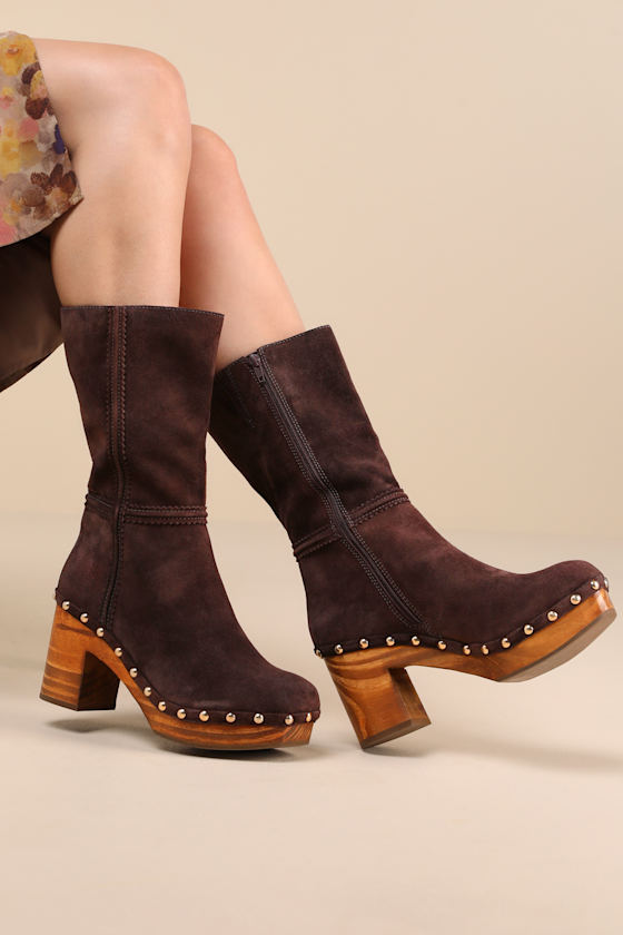 Village Chocolate Suede Leather Platform Mid-Calf Boots