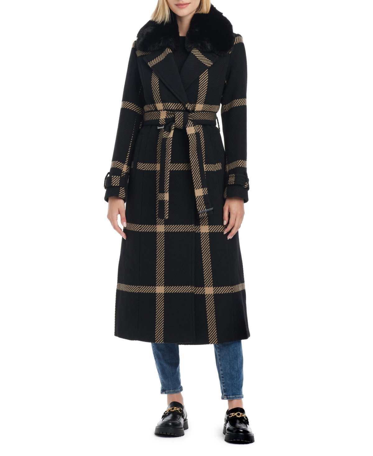 Vince Camuto Women's Double-Breasted Maxi Wool Blend Coat - Blk/camel