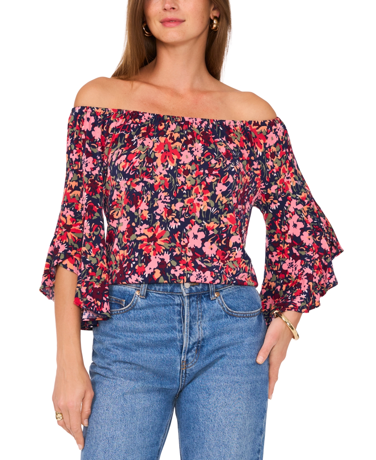 Vince Camuto Women's Floral-Print Off-The-Shoulder Flutter-Sleeve Top - Classic Navy