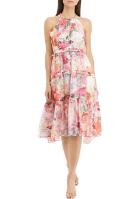 Vince Camuto Women's Sleeveless Halter Neck Floral Printed Dress, Pink, 14