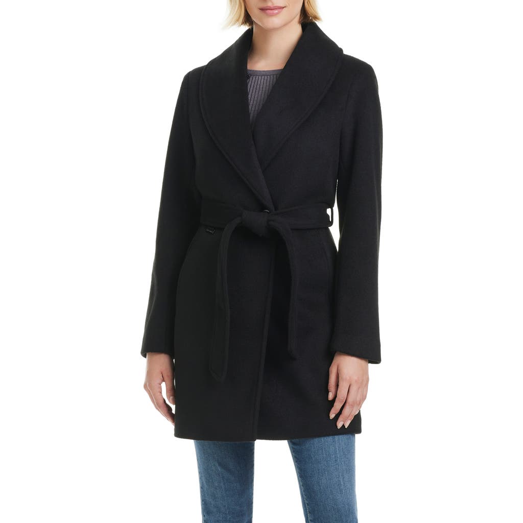 Vince Camuto Wrap Coat with Removable Faux Fur Collar in Black at Nordstrom, Size Large