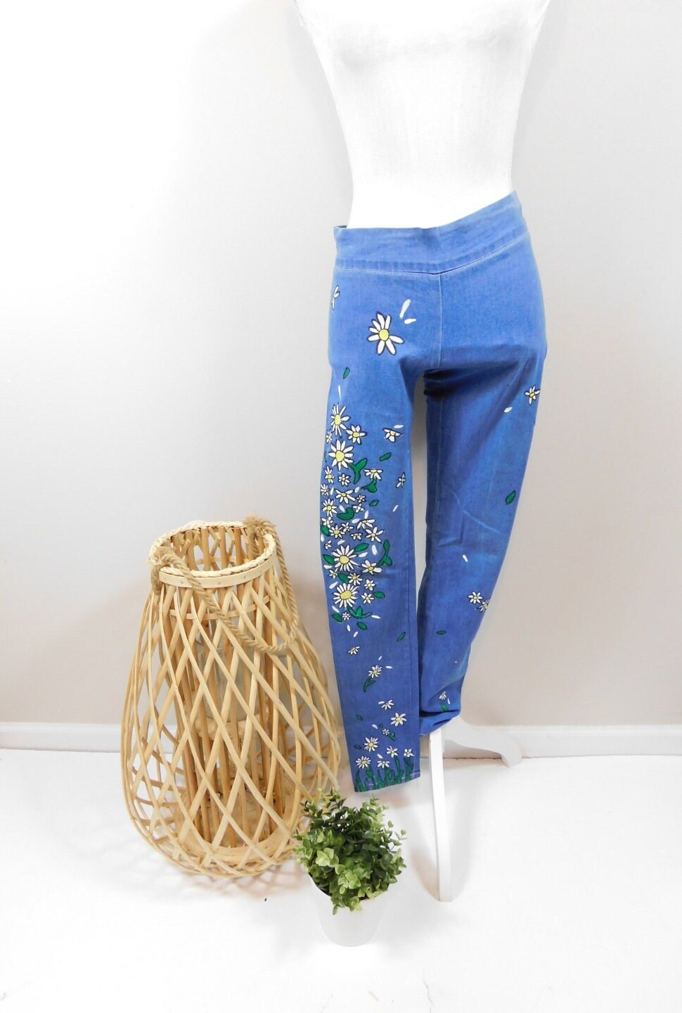 Vintage 00S Handmade Painted Sunflower Floral Print Blue Denim High Waist Cotton Blend Skinny Cut Jegging Jeans Pants Sz 25 Xs