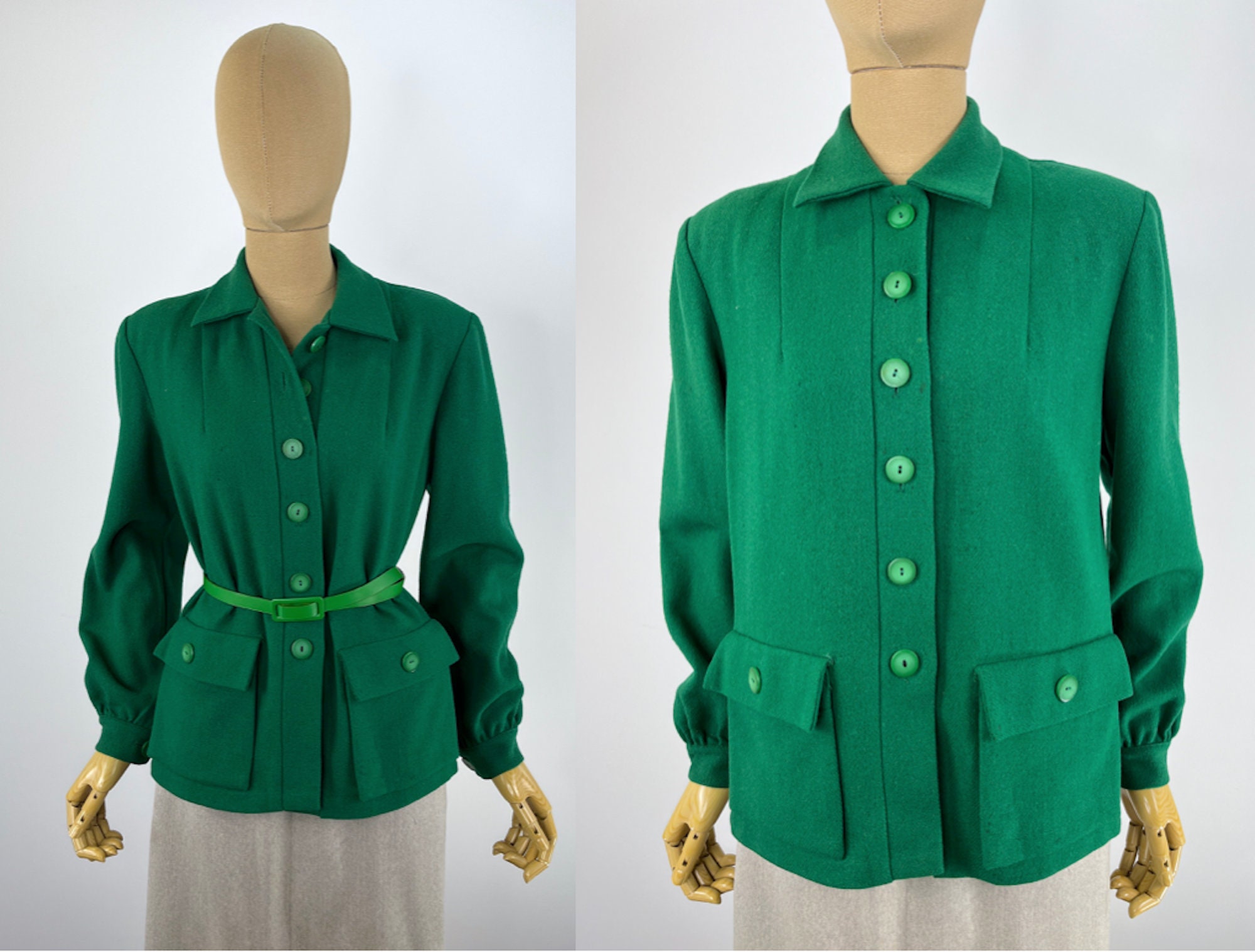 Vintage 1940S Emerald Green Wool Jacket. Koret Of California. Great Pockets & Shoulder Pads