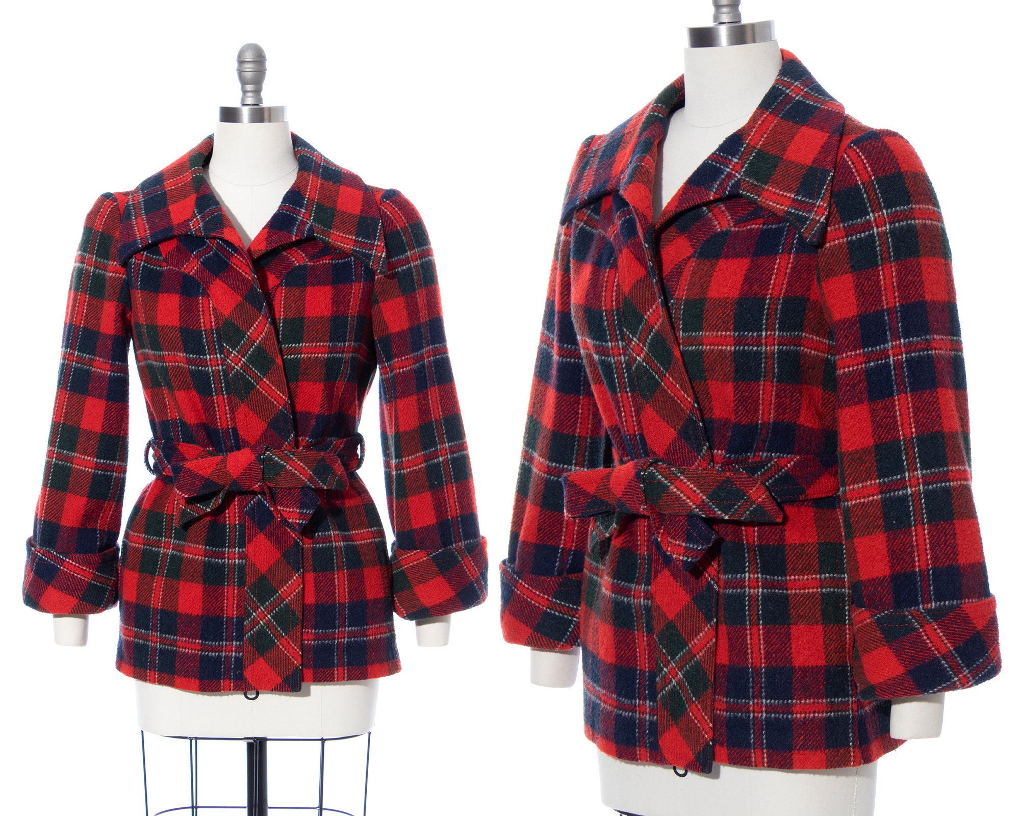 Vintage 1940S Jacket | 40S Plaid Tartan Wool Red Belted Wrap Coat | x-Small/Small