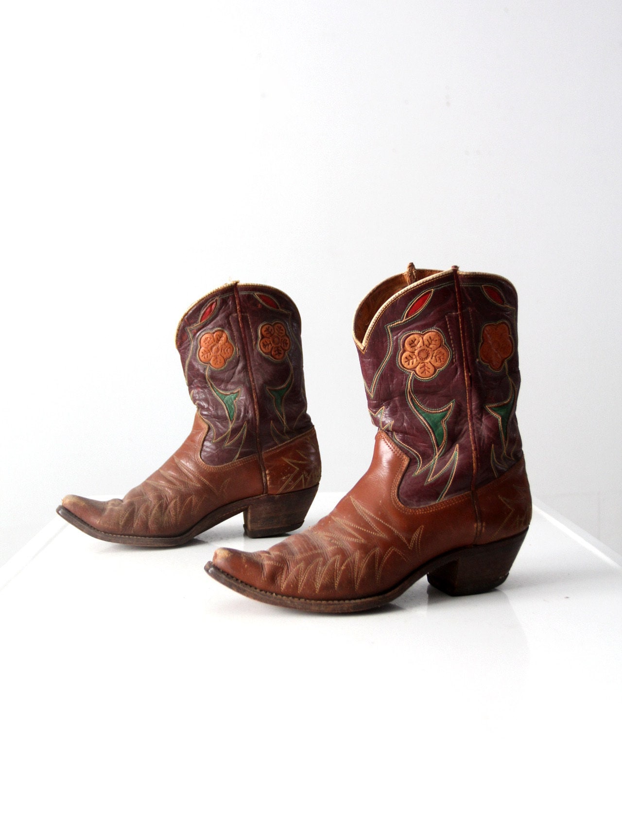 Vintage 1950S Acme Floral Inlay Cowboy Boots, Size 10 D