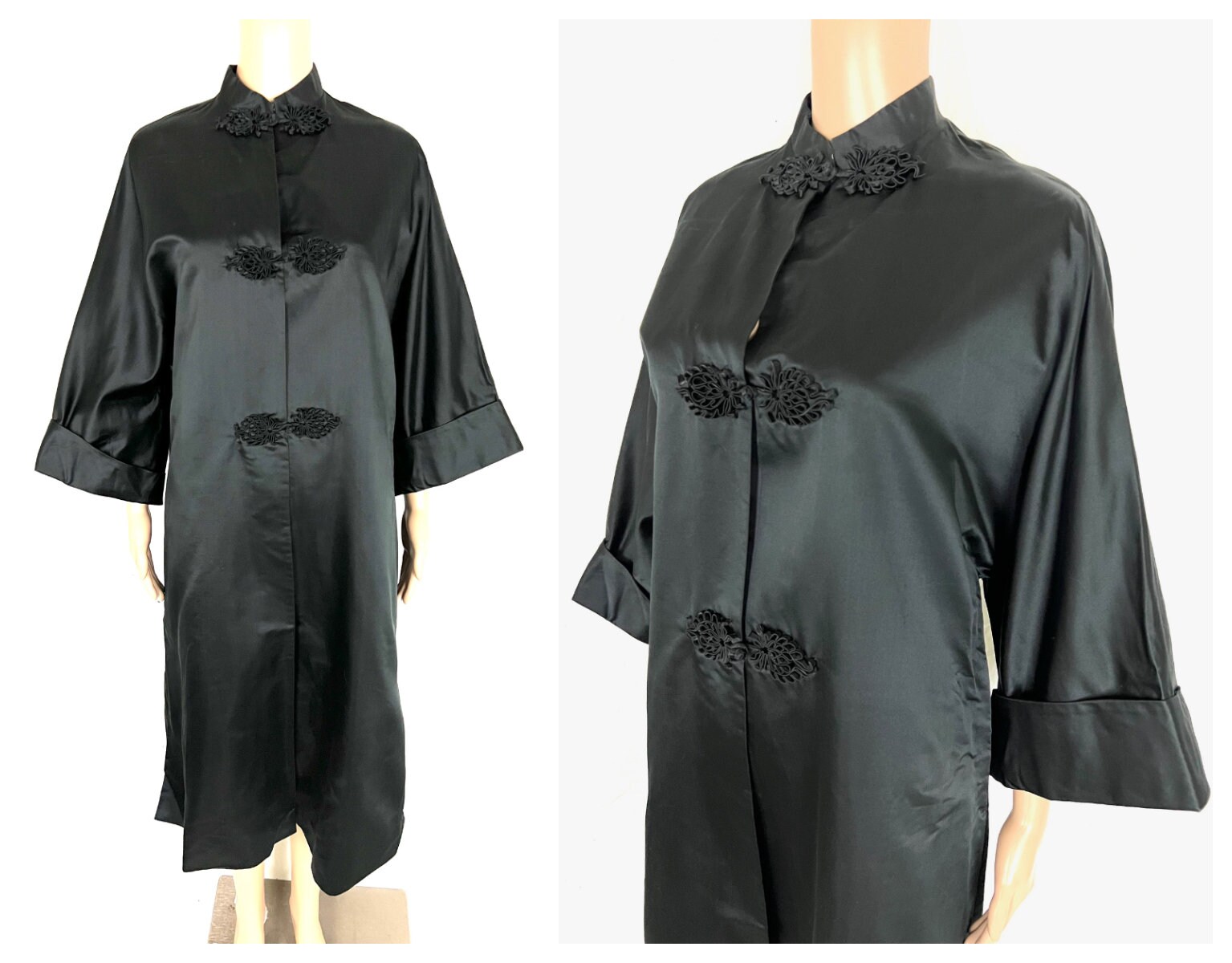 Vintage 1950's Black Rayon Satin Structured Bell Sleeve Chinese Jacket/Coat Kimono Duster - Size Small To Medium Large