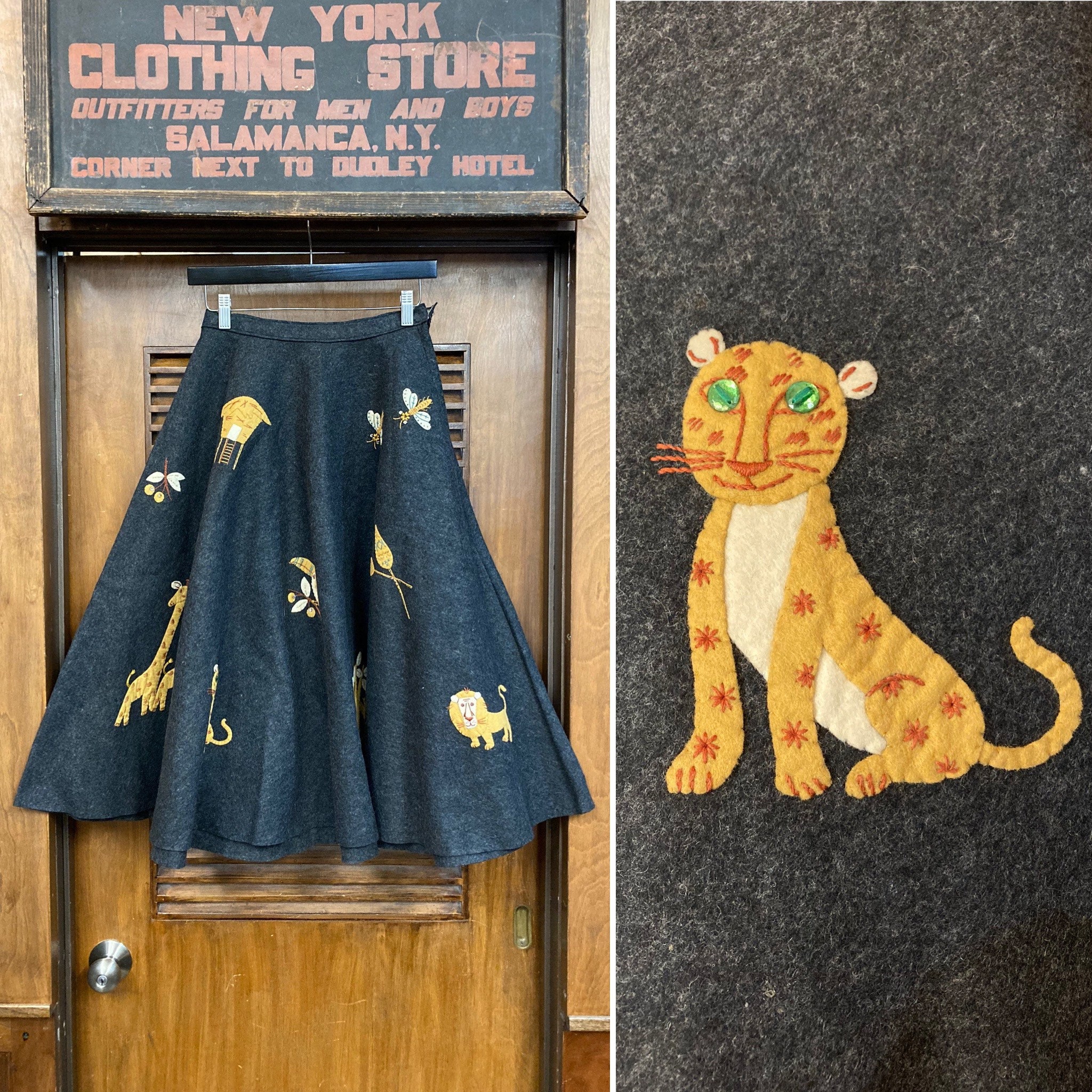 Vintage 1950's Original Jungle Safari Felt Appliqué Rockabilly Circle Skirt, Leopard, Lion, Giraffe, Animal, 1950's, Rockabilly, Appliqué