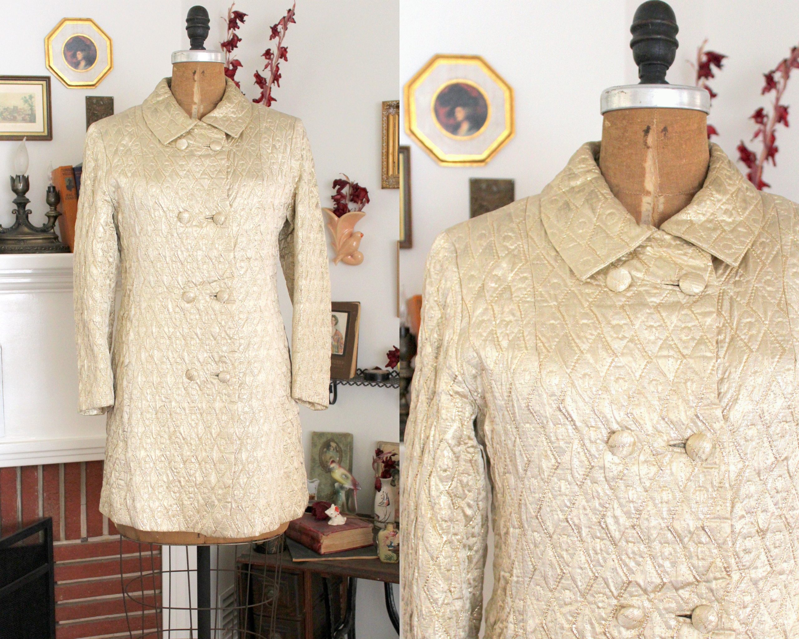 Vintage 1960S Metallic Gold Pea Coat/60S Mod Brocade Squad