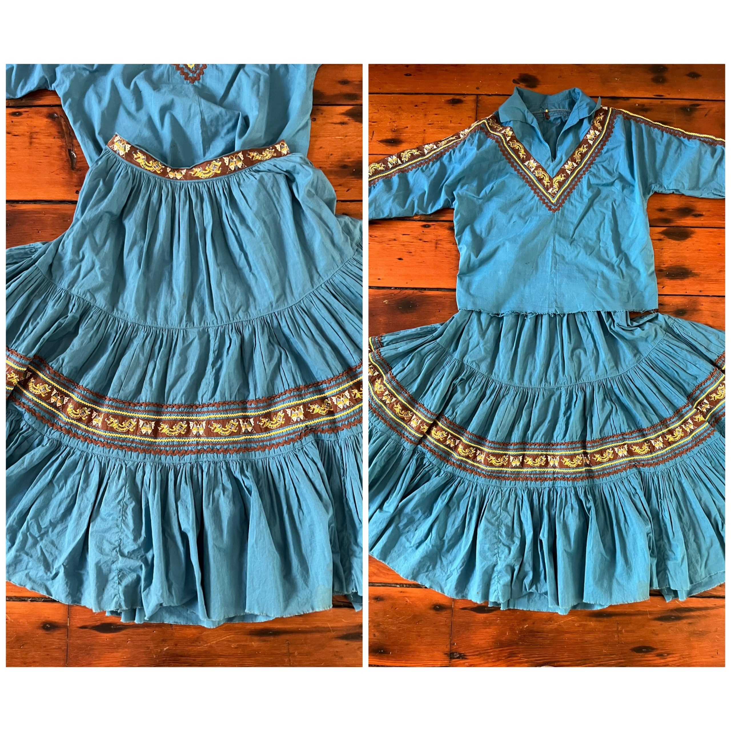 Vintage 1960S Mexican Cotton Blouse & Tiered Full Skirt/Aztec Motif/Dance