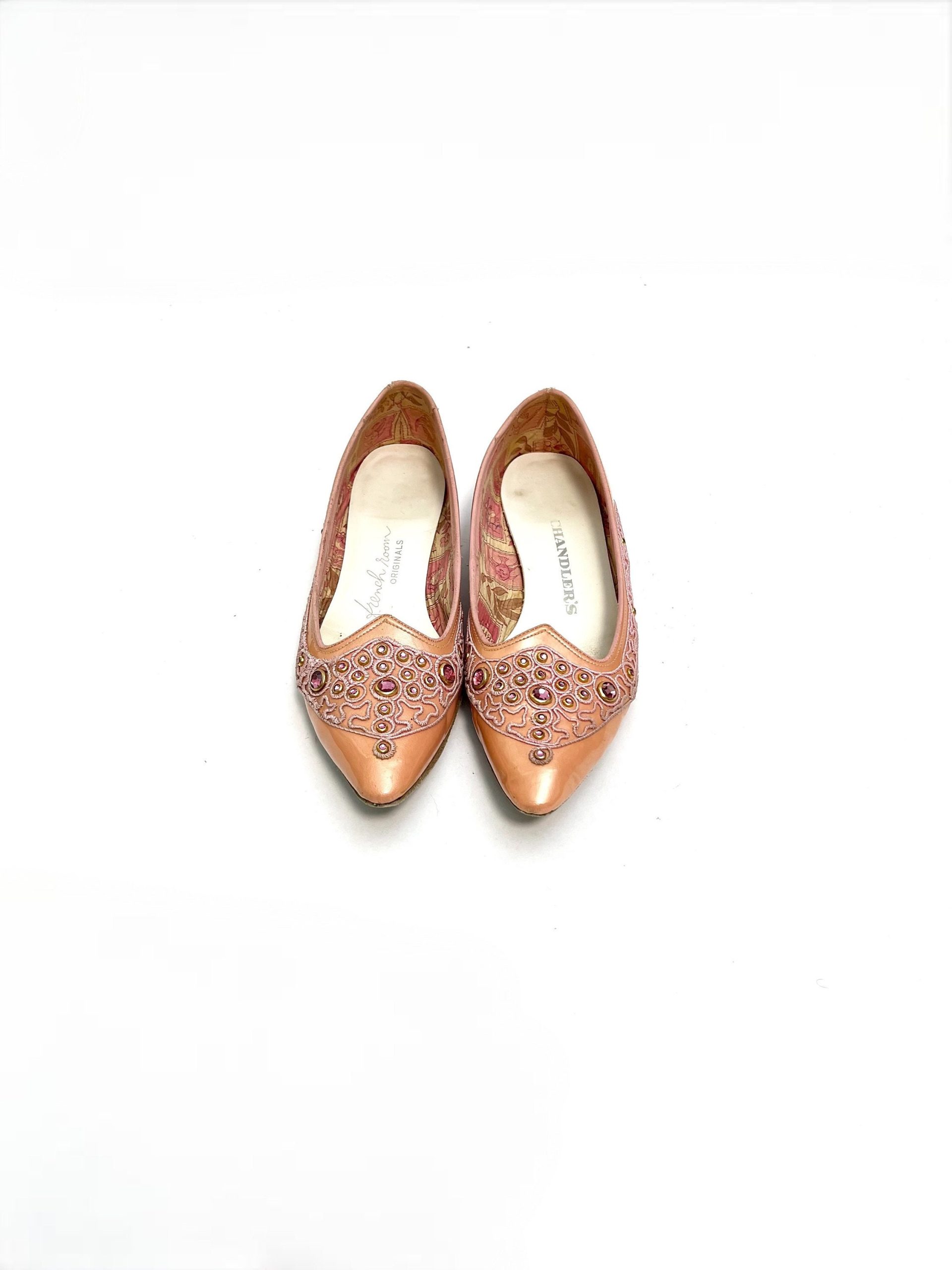 Vintage 1960S Rhinestone Flats // Pink Patent Leather Embellished Slip On Pointed Toe Loafers By Chandlers French Room Originals Size 8.5