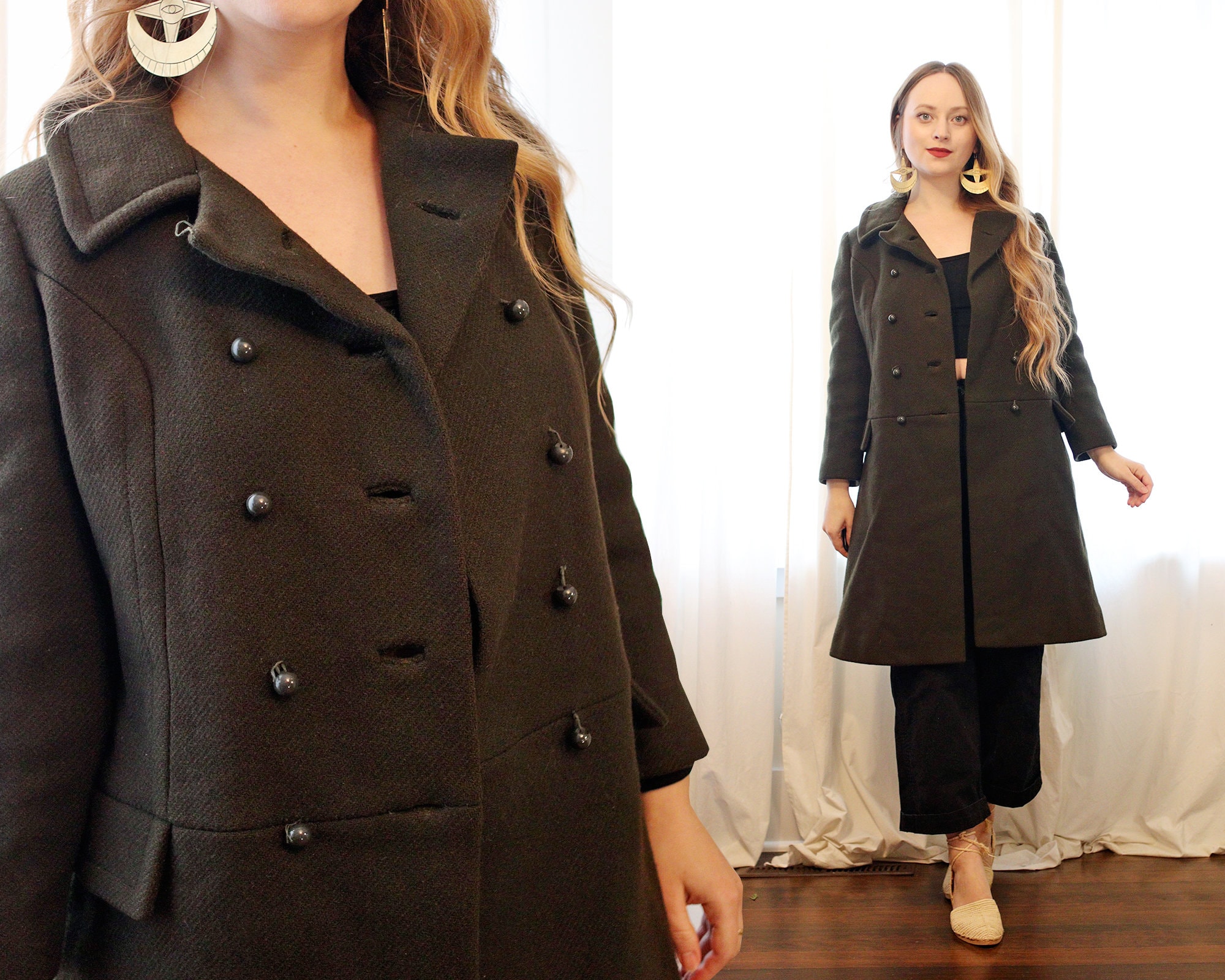 Vintage 1960S The Halle Bros Co Deep Olive Green Wool Princess Seam Round Marble Button Peacoat Coat Winter Jacket 60S Retro Tailored