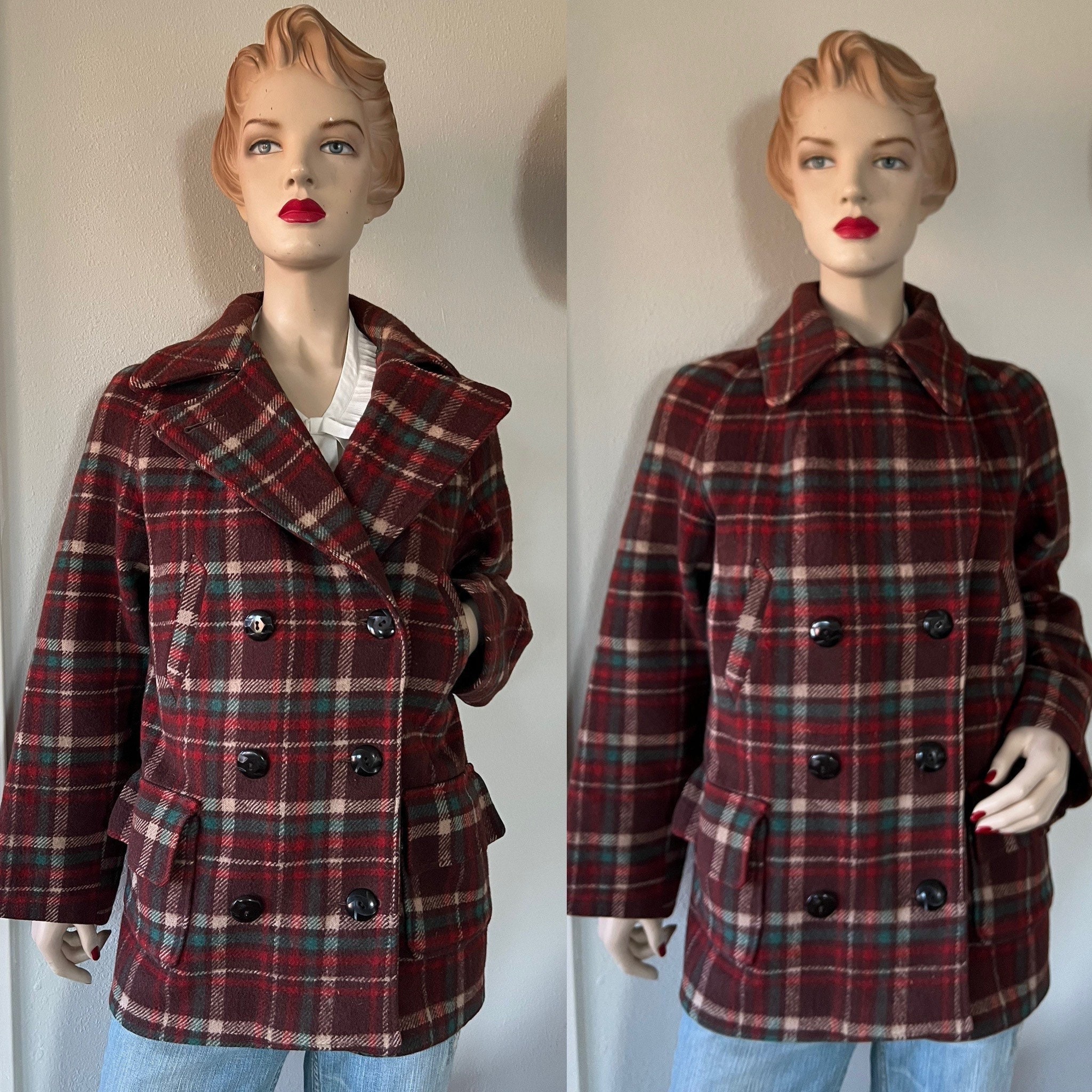 Vintage 1960's Pea Coat ~ Plaid Wool Jacket~ Great Quality & Condition