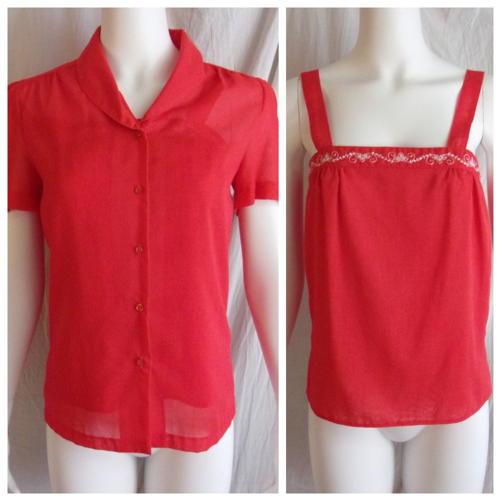 Vintage 1970S Blouse & Camisole Set Red With White Embroidery Small