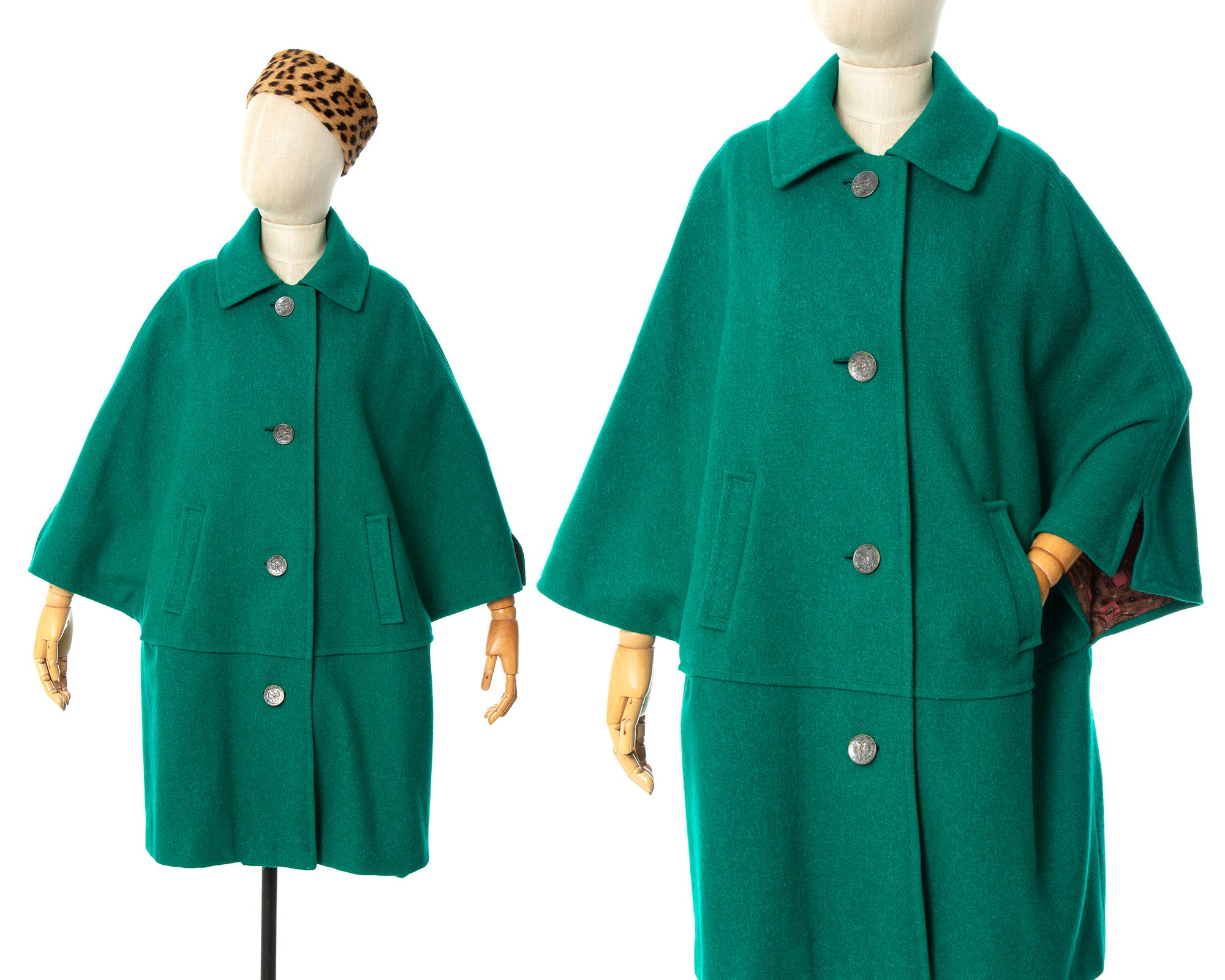 Vintage 1970S Cape Coat | 70S Austrian Wool Mohair Green Teal Winter Overcoat | Medium/Large