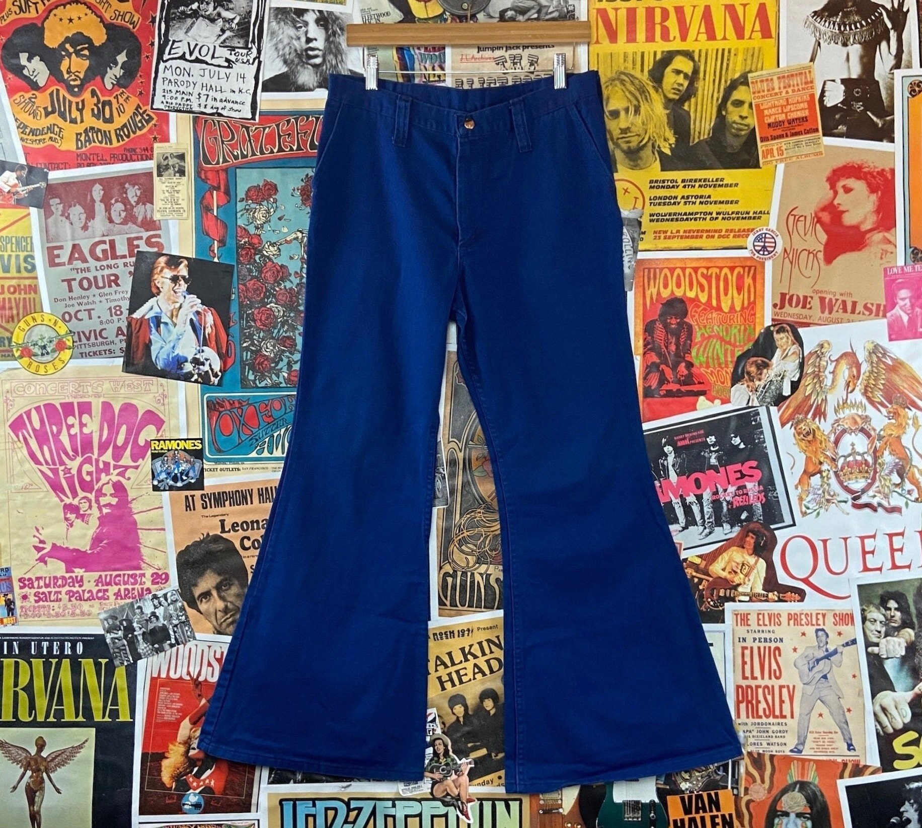 Vintage 1970S Cobalt Blue Mid Rise Maverick Bell Bottom Flares 32x29, 70S Women's Hippie Flares, 32" Waist Groovy Pants