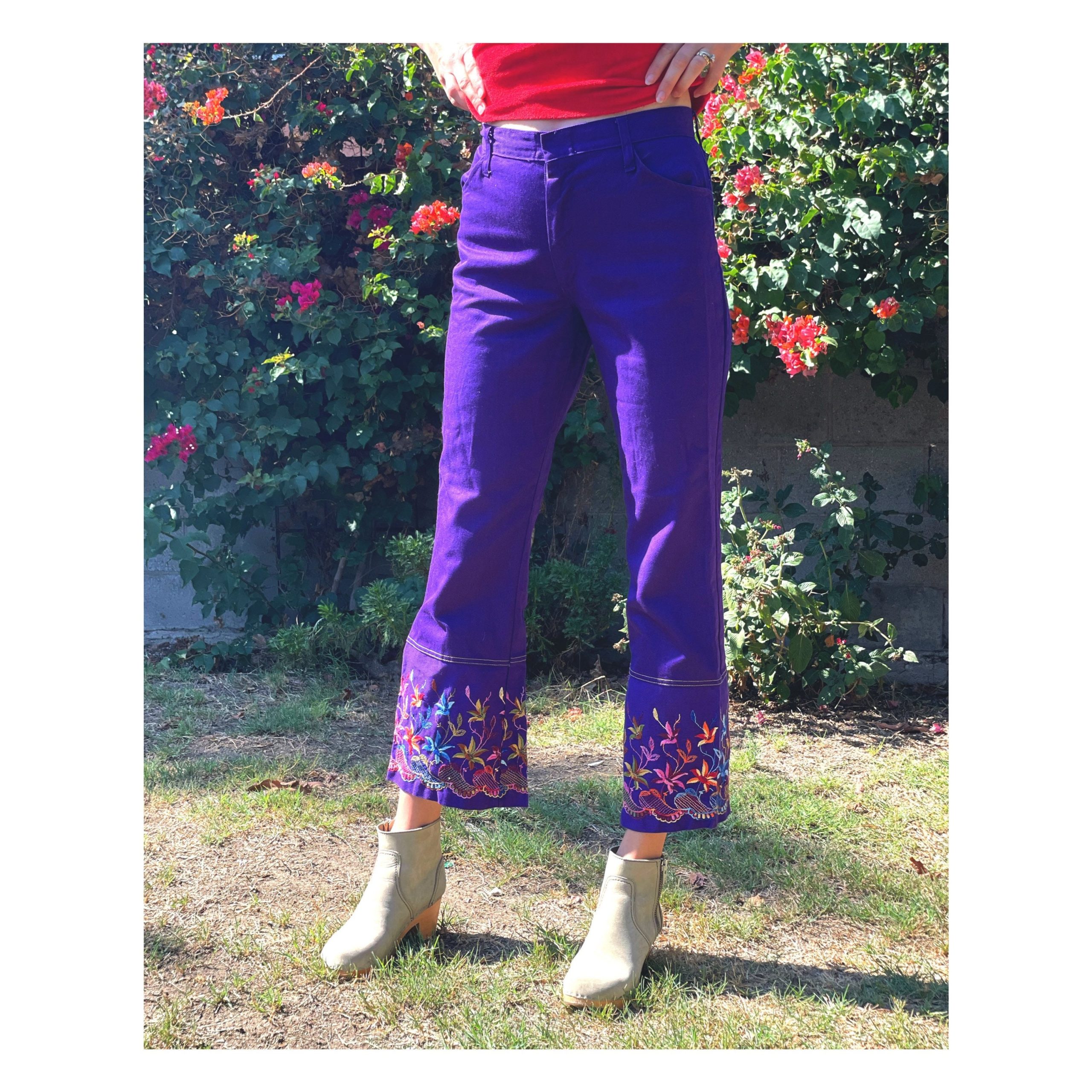 Vintage 1970S Embroidered Purple Bellbottom Flares 29 Waist, 70S Bellbottoms, Retro Flower Flare Pants 70S Waist