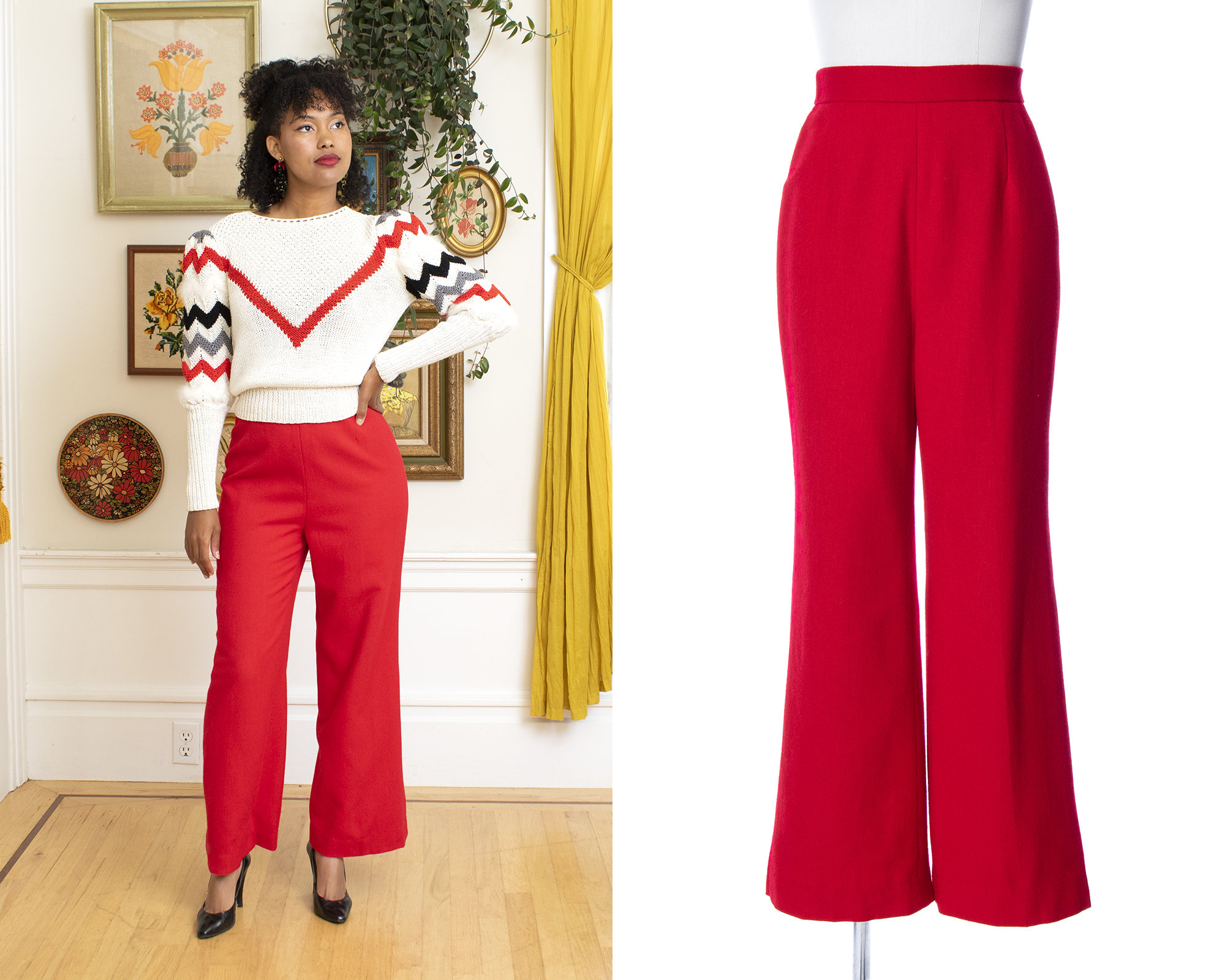 Vintage 1970S Pants | 70S Red Wool High Waisted Flared Trousers | x-Small