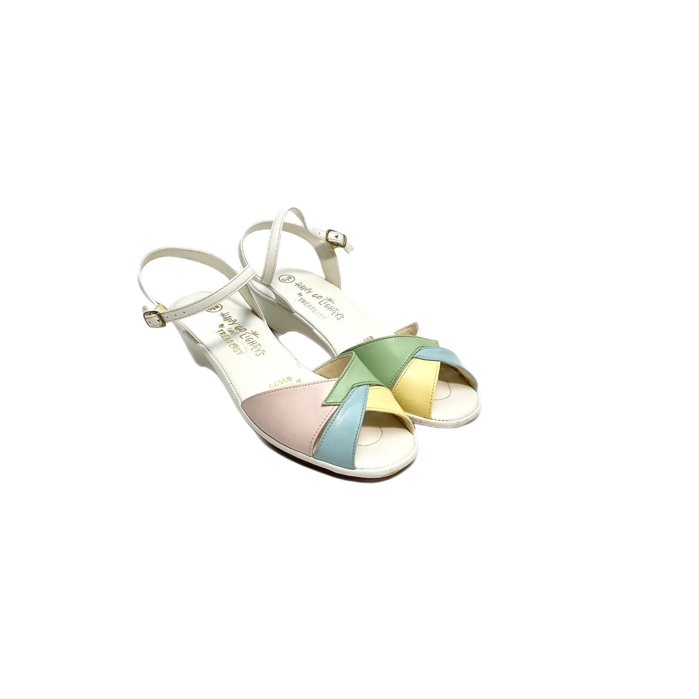 Vintage 1970S Pastel Sandals // White Vegan Leather Open Toe Strappy Wedge Heels By Happy Go Lightlys Size 6.5