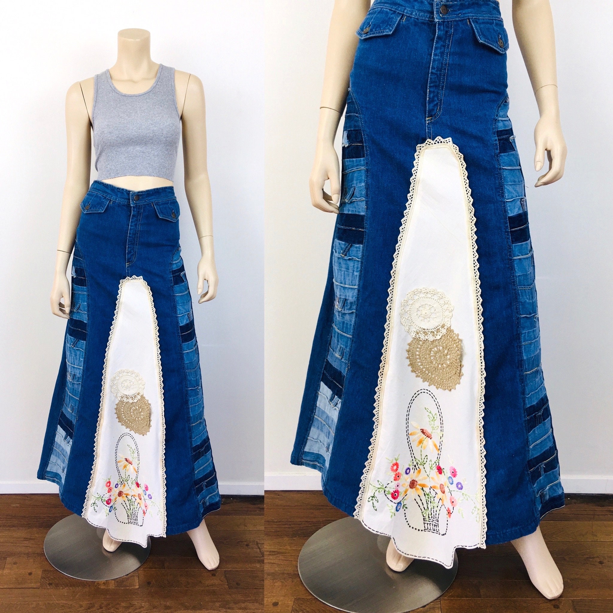 Vintage 1970S Patchwork Embroidered Denim Crochet Trim Hippie/Boho Maxi Skirt