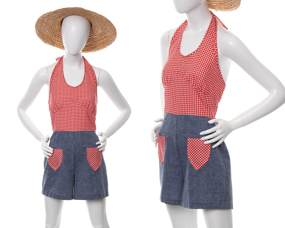 Vintage 1970S Romper | 70S Gingham Chambray Denim Halter Neck Shorts Red Blue Summer Picnic Outfit | Medium