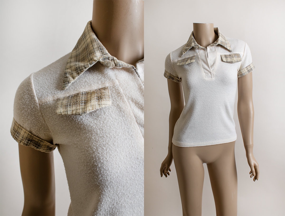 Vintage 1970S Shirt - White & Cocoa Brown Beige Plaid Collared Tomboy Sporty Preppy Short Sleeve Polo Top Small