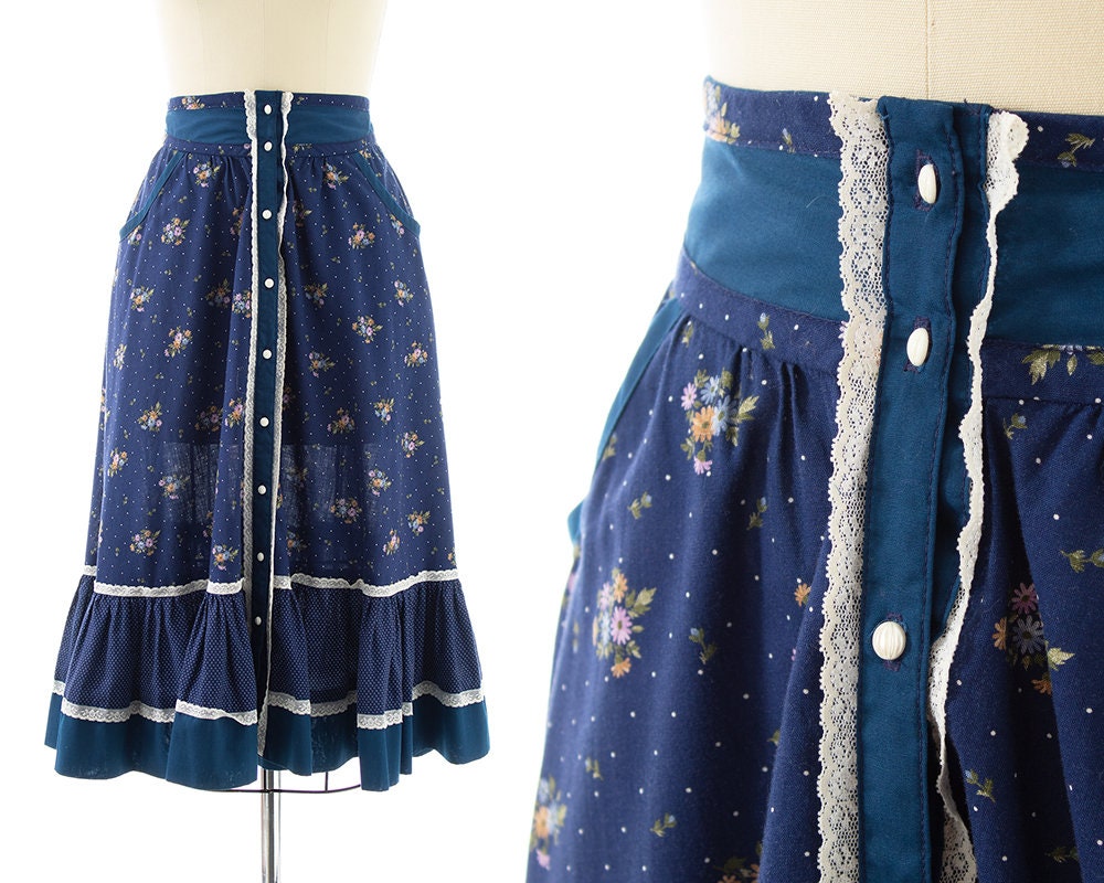 Vintage 1970S Skirt | 70S Gunne Sax Style Floral Polka Dot Printed Navy Blue Cotton Prairie Boho Tiered Full Folk | x-Small/Small