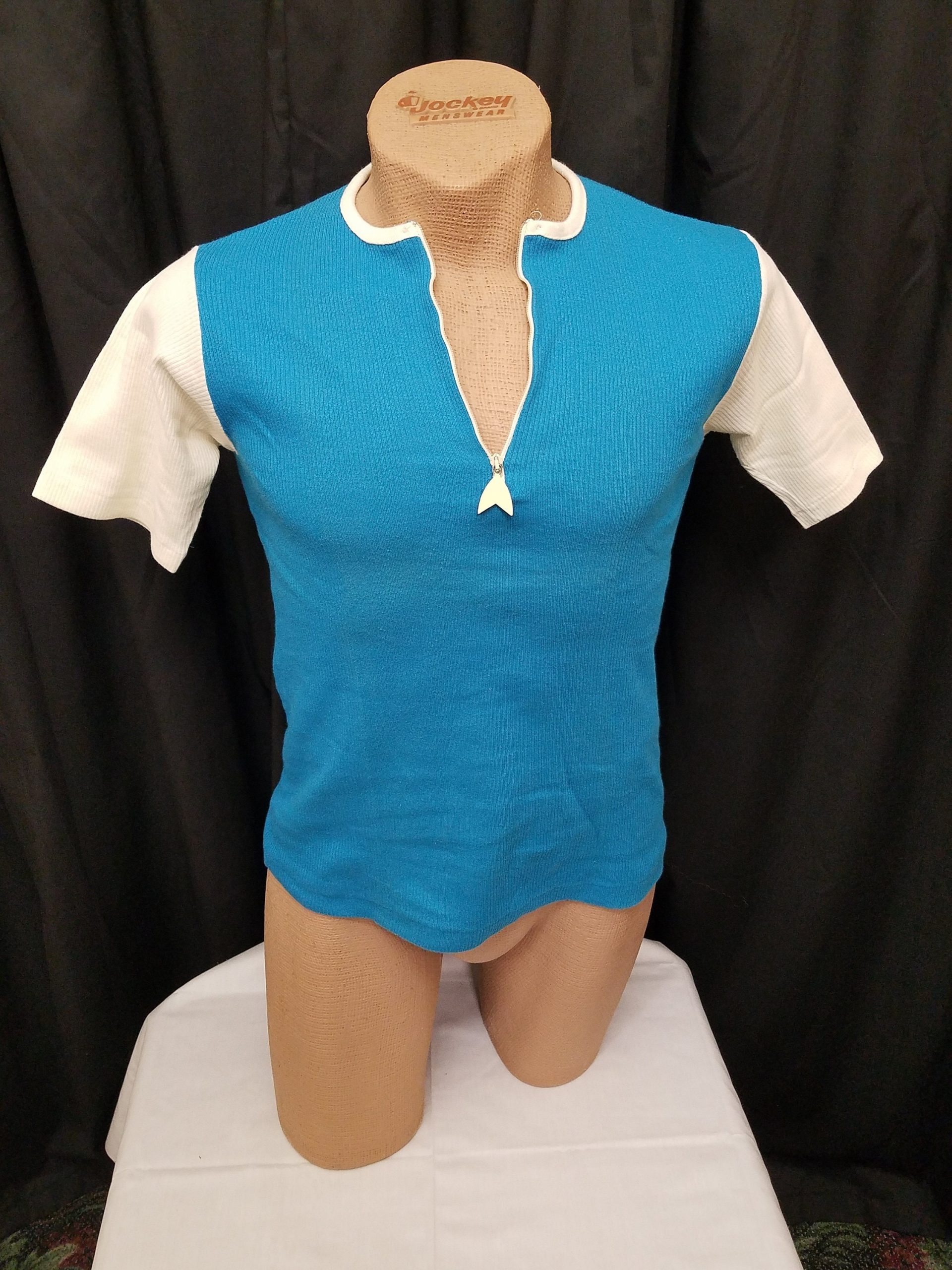 Vintage 1970's Cads Turquoise Blue W Cream Short Sleeves 100% Combed Cotton Polo Metal Zipper Top Shirt Pullover