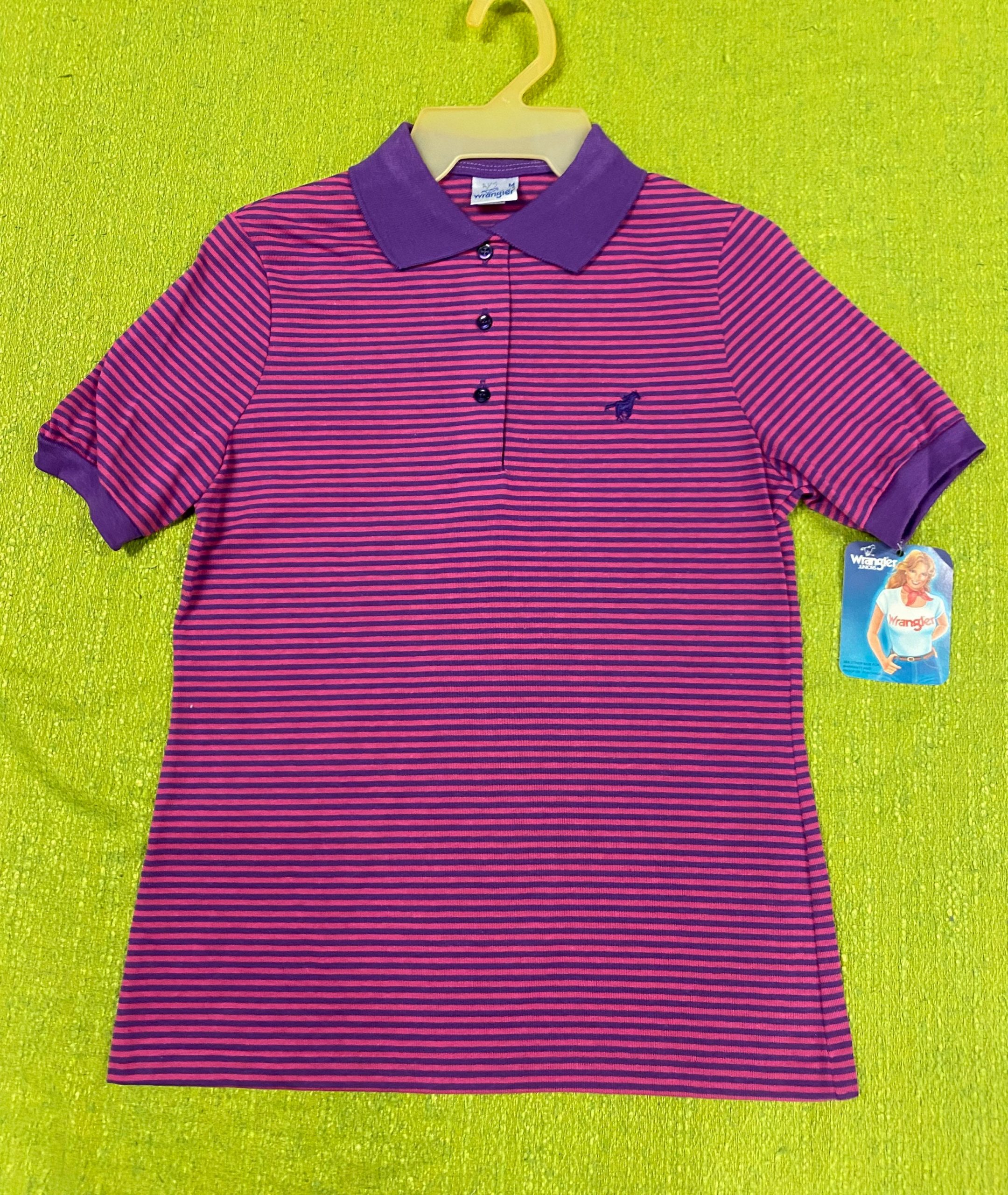 Vintage 1970's Pink Purple Wrangler Striped Polo Top Shirt Medium Horse Deadstock Collar