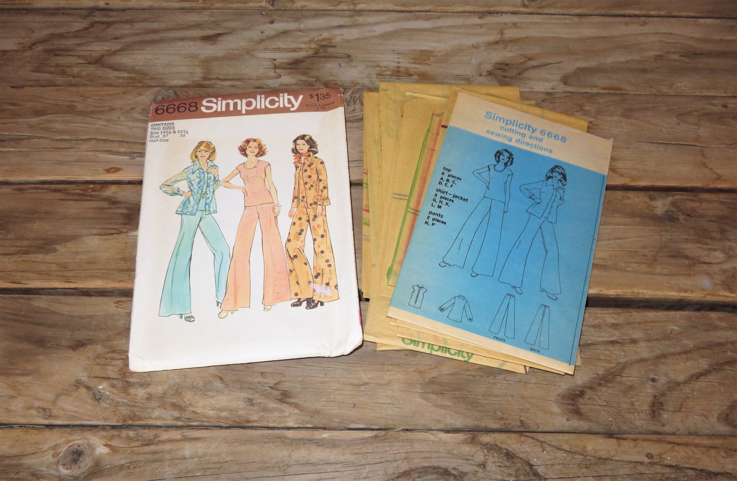 Vintage 1972 Simplicity Shirt - Jacket, Top & Wide-Leg Pants | Bell Bottom Pattern #6668 Sizes 14 1/2 & 16 Half