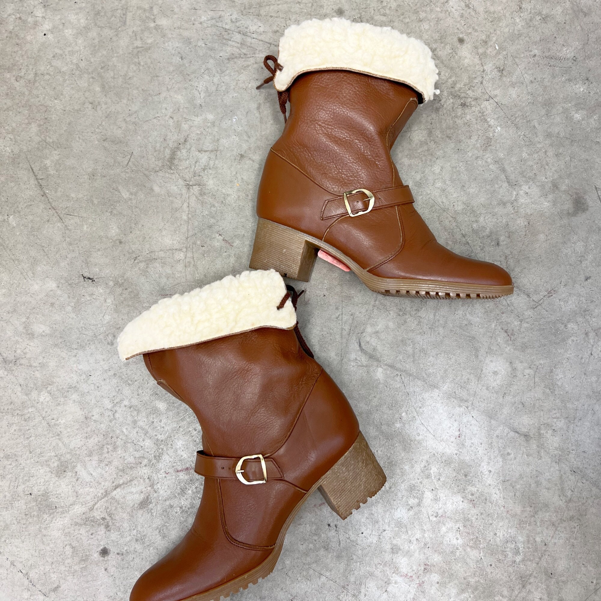 Vintage 1980S Camel Leather Boots With Sherpa Lining & 1 1/2 Inch Heel | Shorty Womans Size 8