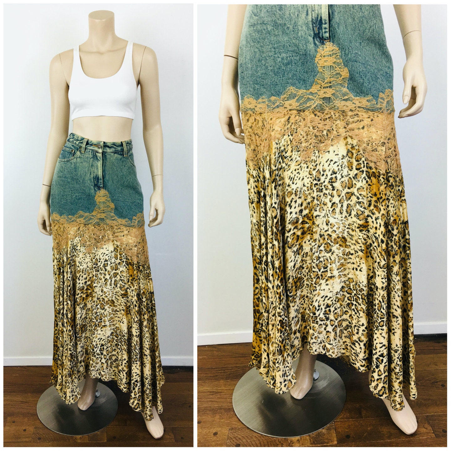 Vintage 1980S Denim & Leopard Embellished Lace Midi Skirt