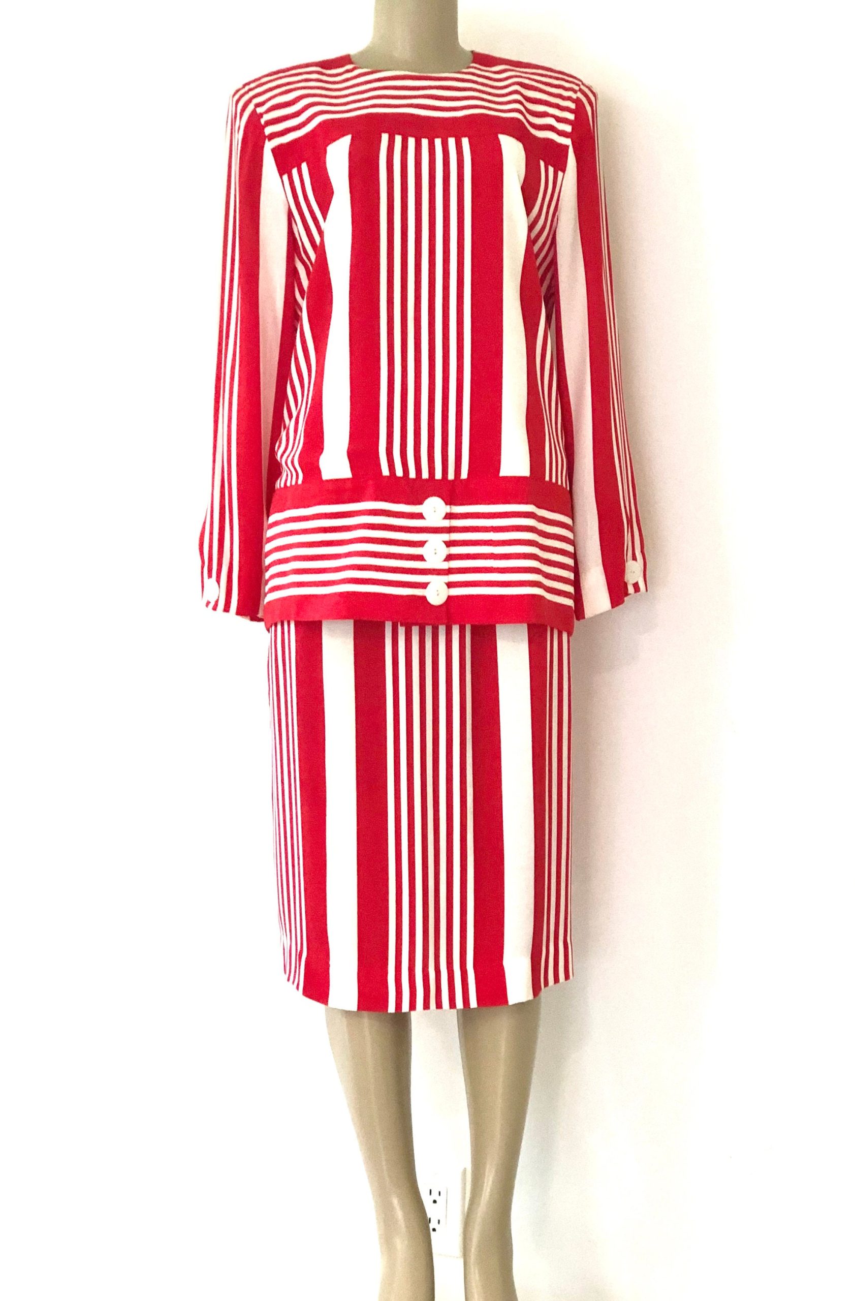 Vintage 1980S St. Gillian 2 Piece Red & White Striped Tunic Top Skirt Set, Size 12