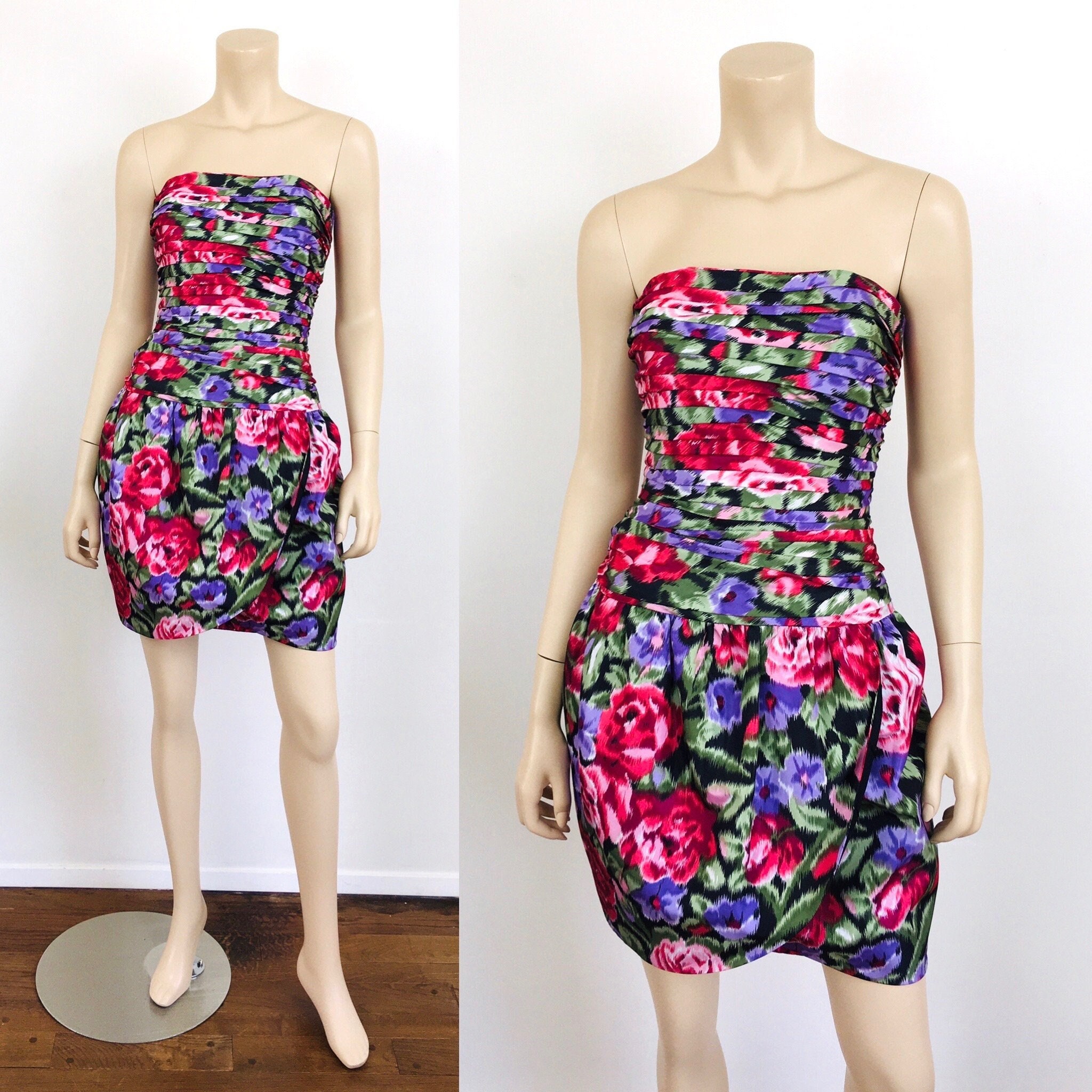 Vintage 1980S Strapless Bustier Floral Pleated Tulip Mini Skirt Party Dress