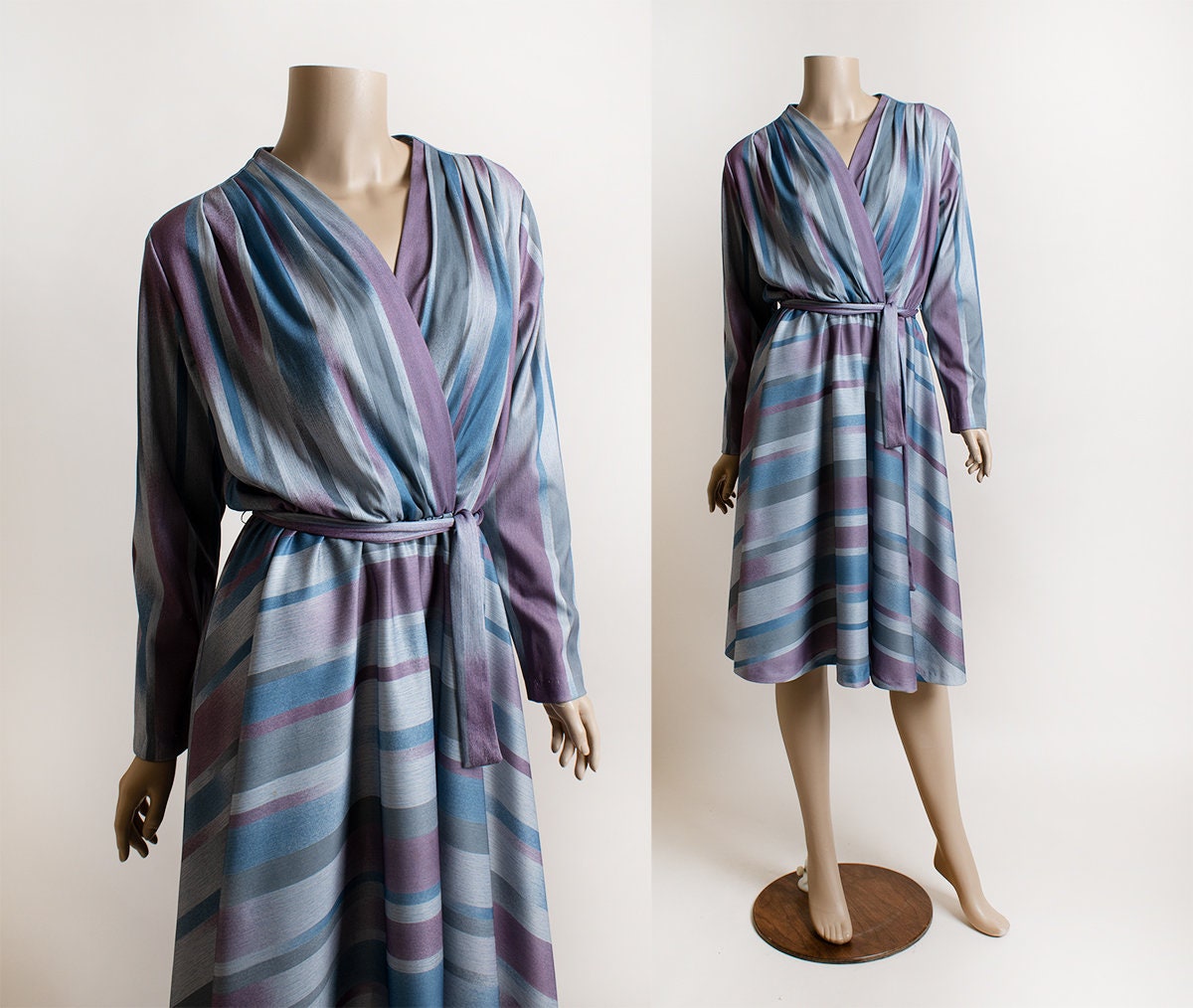 Vintage 1980S Striped Dress - Shades Of Purple Blue & Gray Wrap Pleated Bodice Top Long Sleeves Waist Tie Secretary Librarian Medium