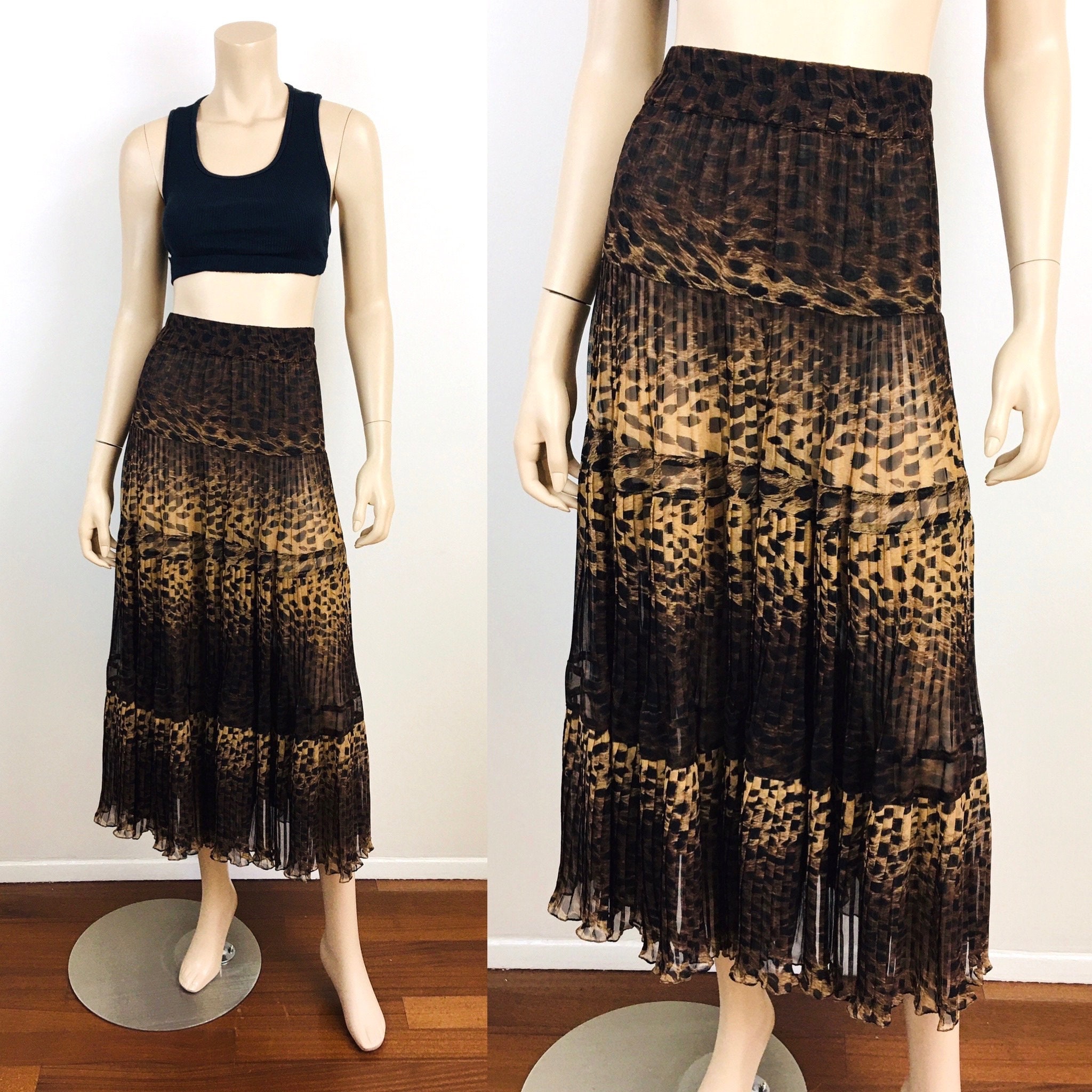 Vintage 1980S Tiered Leopard Print Pleated Semi Sheer Skirt