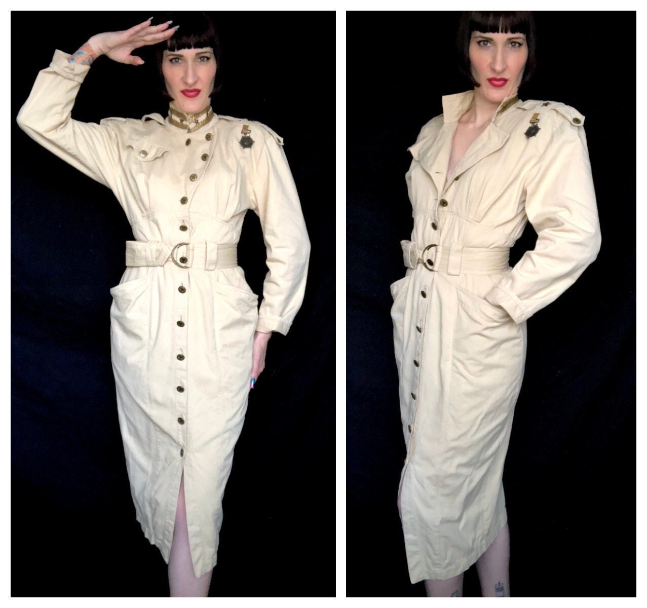 Vintage 1980's Military Utilitarian Style Structured Trench Coat Dress By Foxy Lady - Size Medium