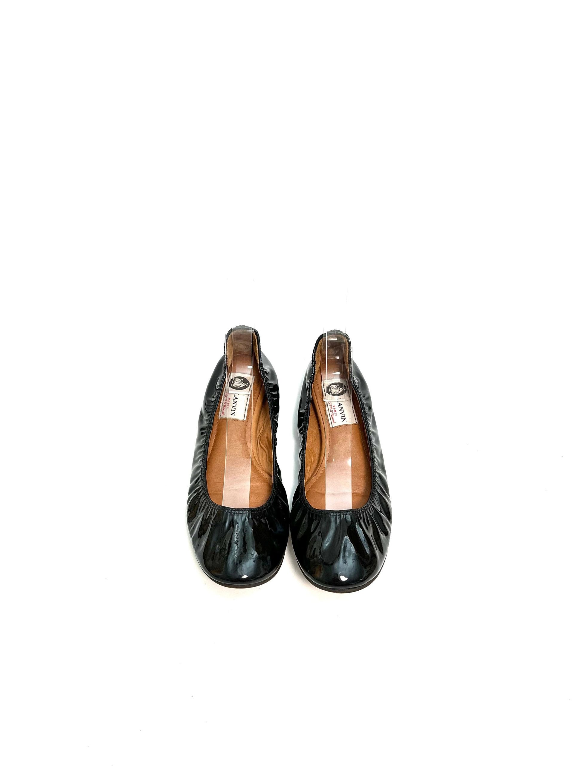 Vintage 1990S Lanvin Ballet Flats // Black Patent Leather Slip On Fold Up Travel Shoes Size 5 European Designer